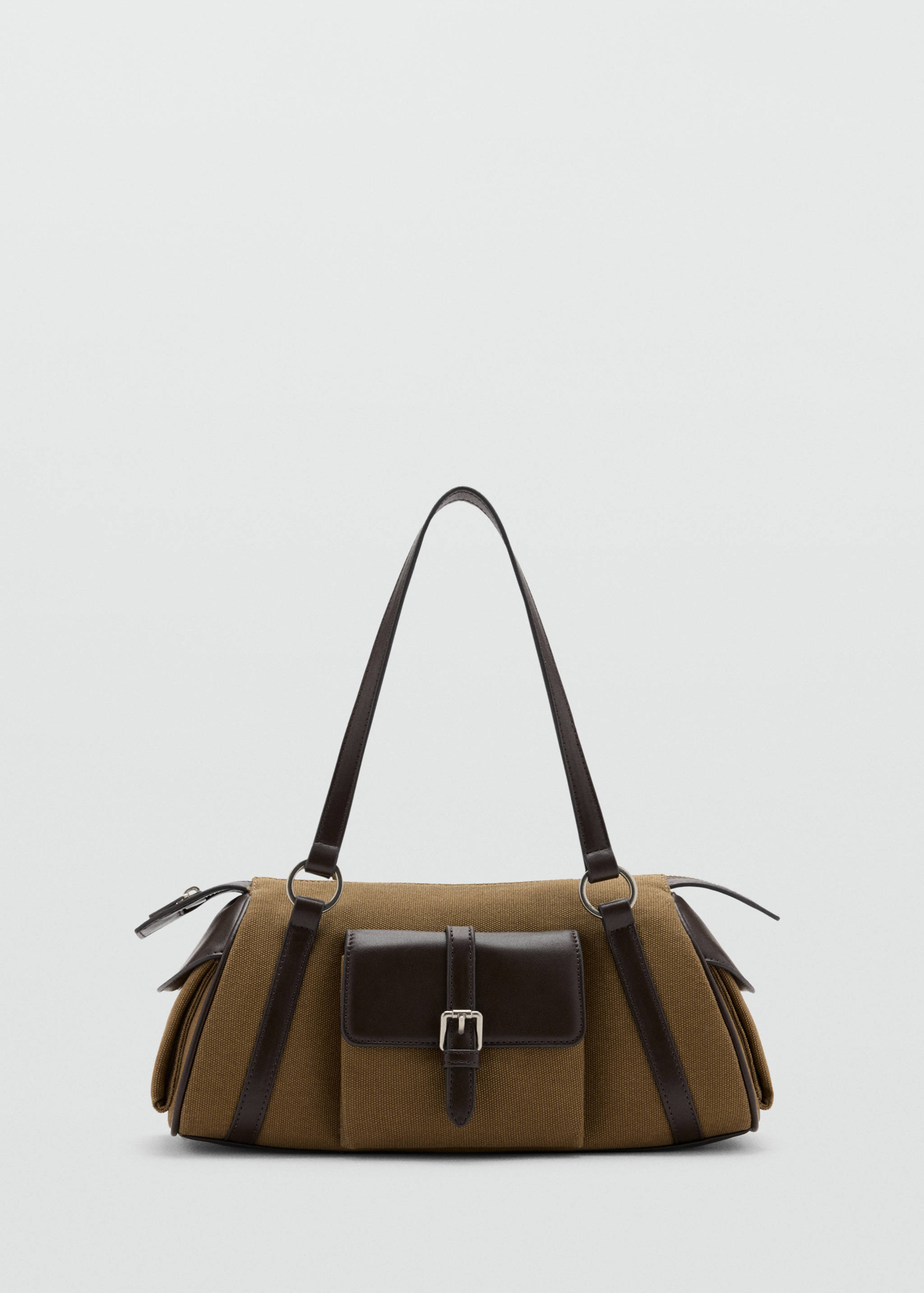 Khaki canvas shoulder bag with dark brown trim and buckled front pocket.