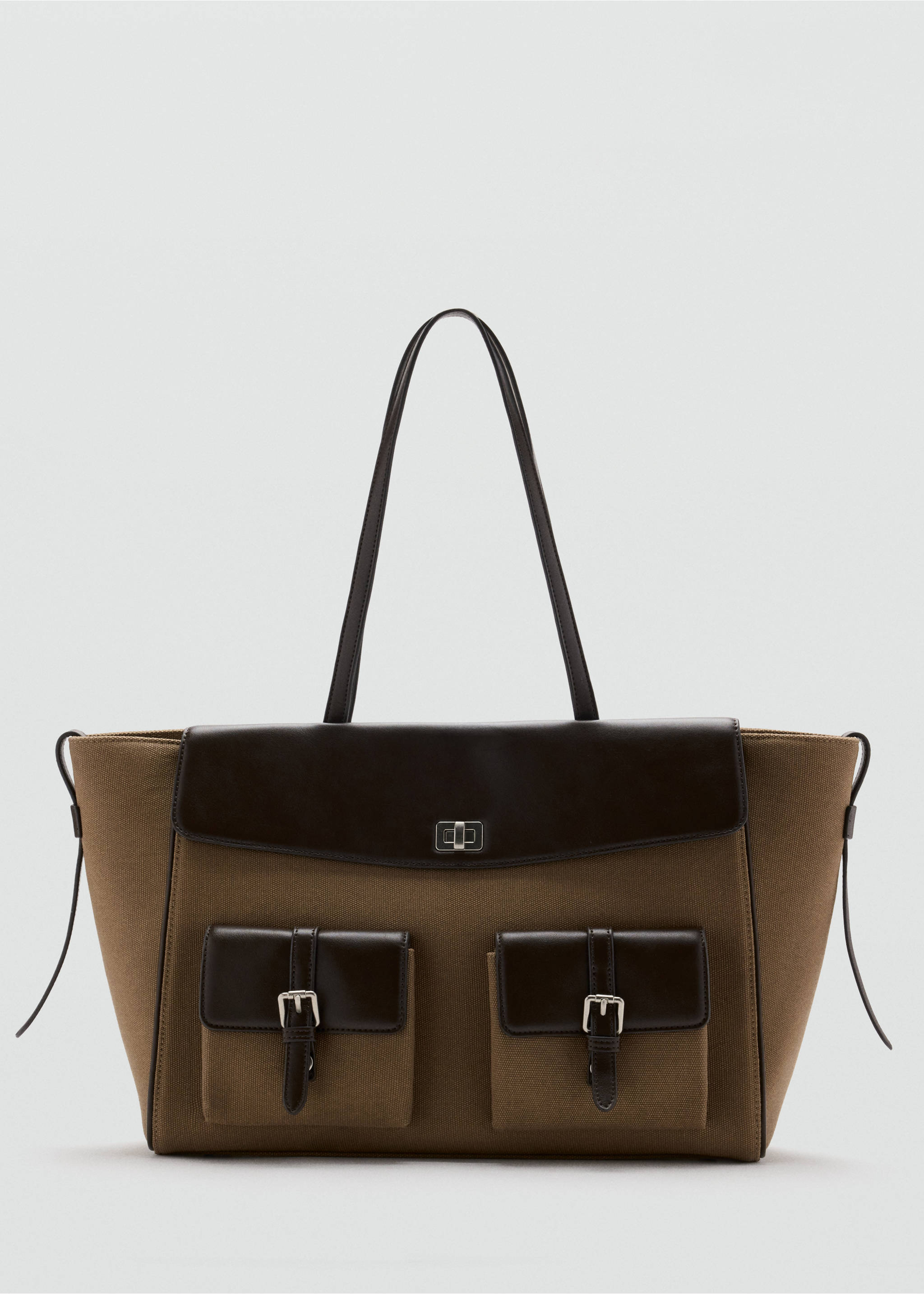 Brown canvas tote bag with dark brown contrast flap, pockets, and shoulder straps., Khaki. Ref: 37036011-00.