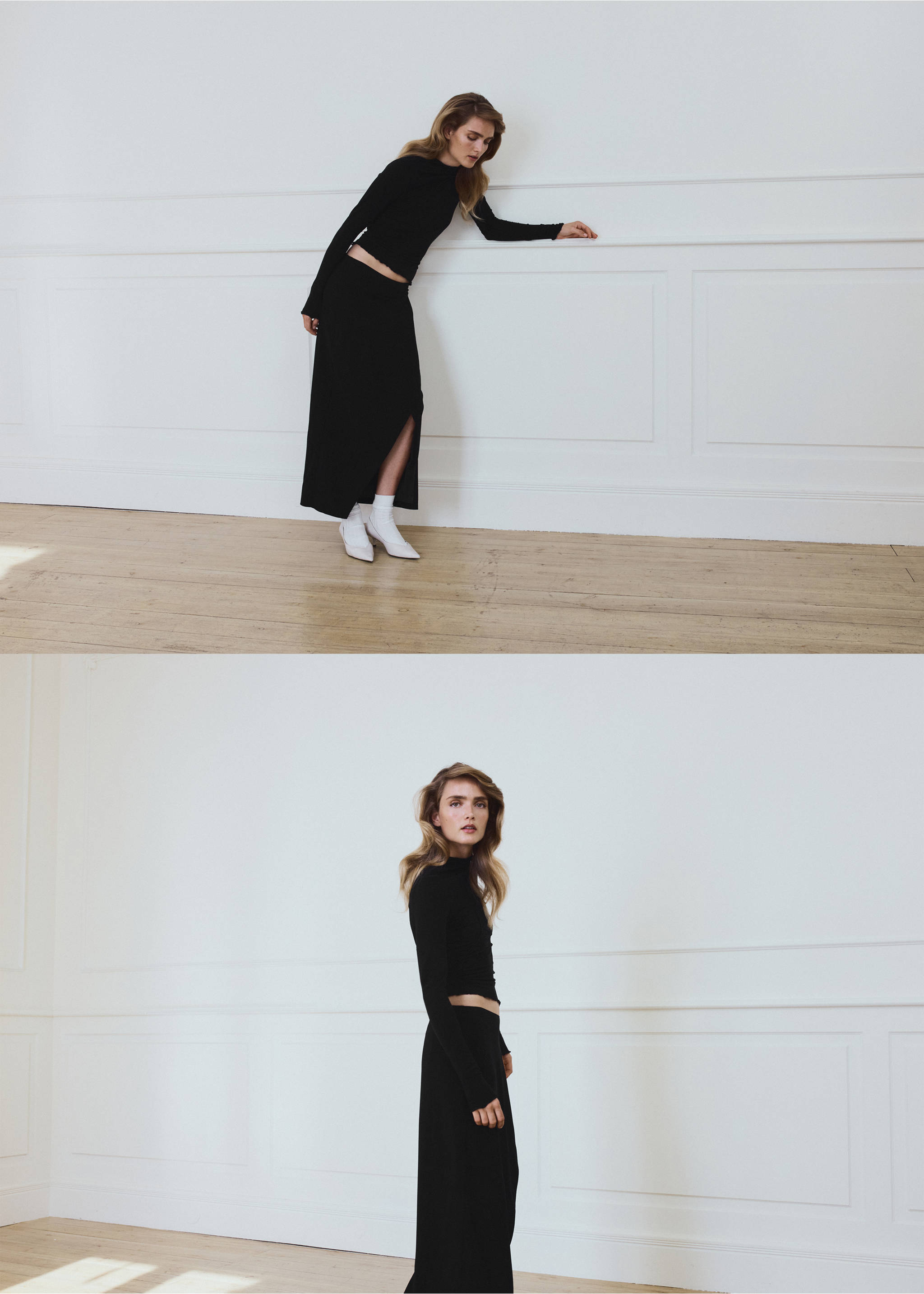 Skirt with slit and ruffle detail - Details of the article 1, Black. Ref: 37036014-01.
