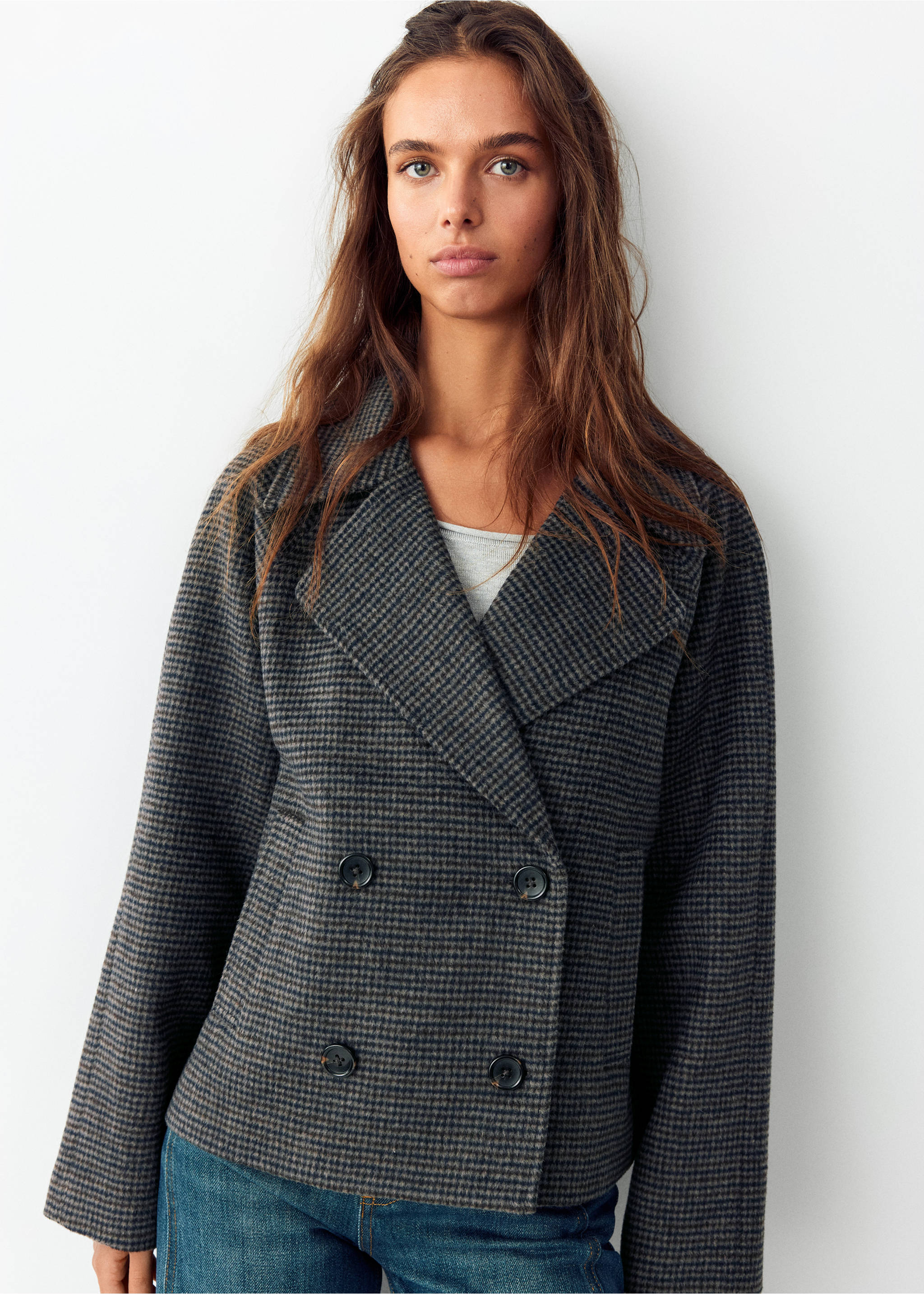 Short houndstooth double-breasted coat - Medium plane, Sand. Ref: 37036321-00.