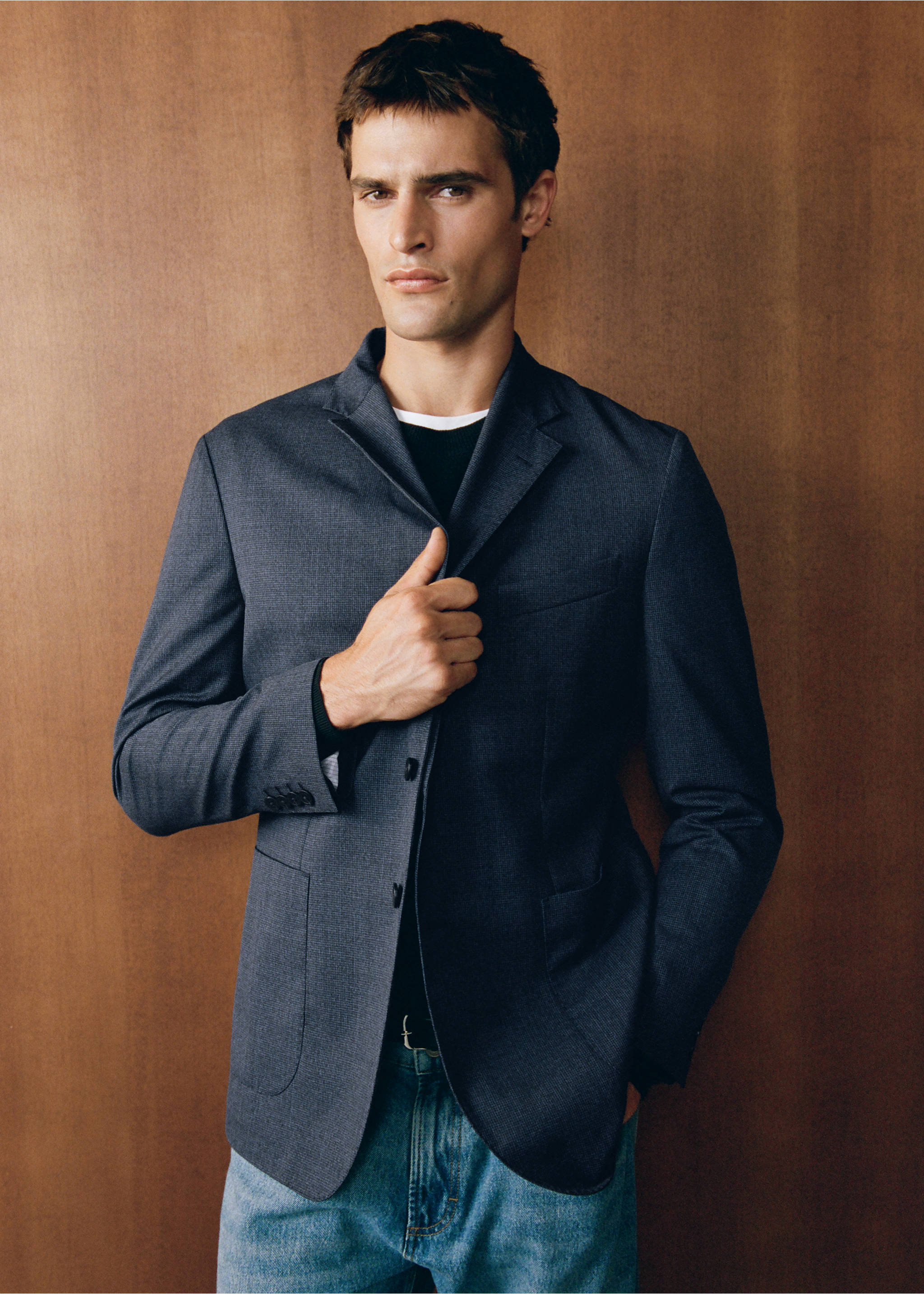 Slim fit wool blend blazer - Details of the article 5, Navy. Ref: 37036323-00.
