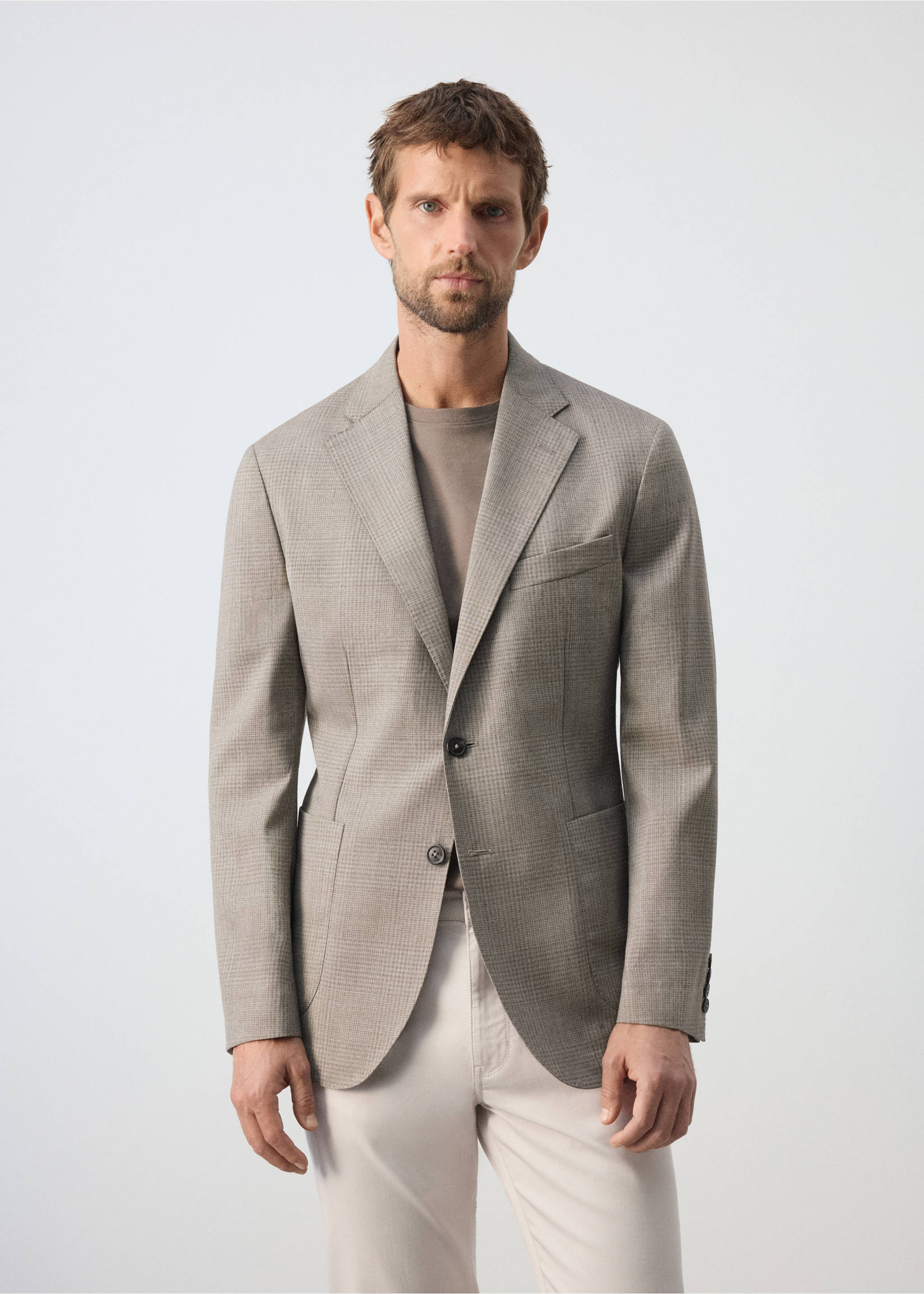 Checked wool blend slim-fit blazer - Medium plane, Beige. Ref: 37036324-00.