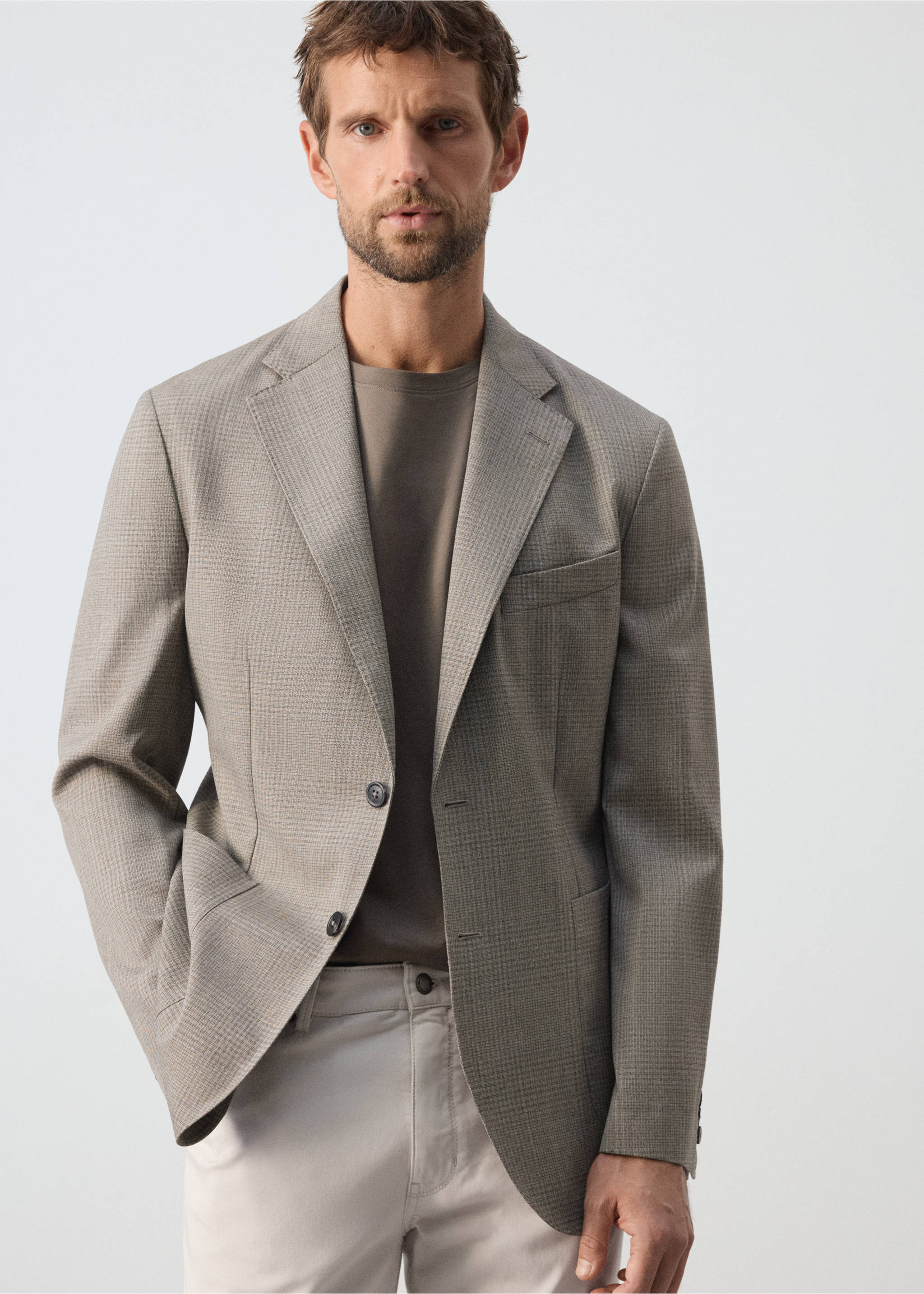 Checked wool blend slim-fit blazer - Details of the article 4, Beige. Ref: 37036324-00.