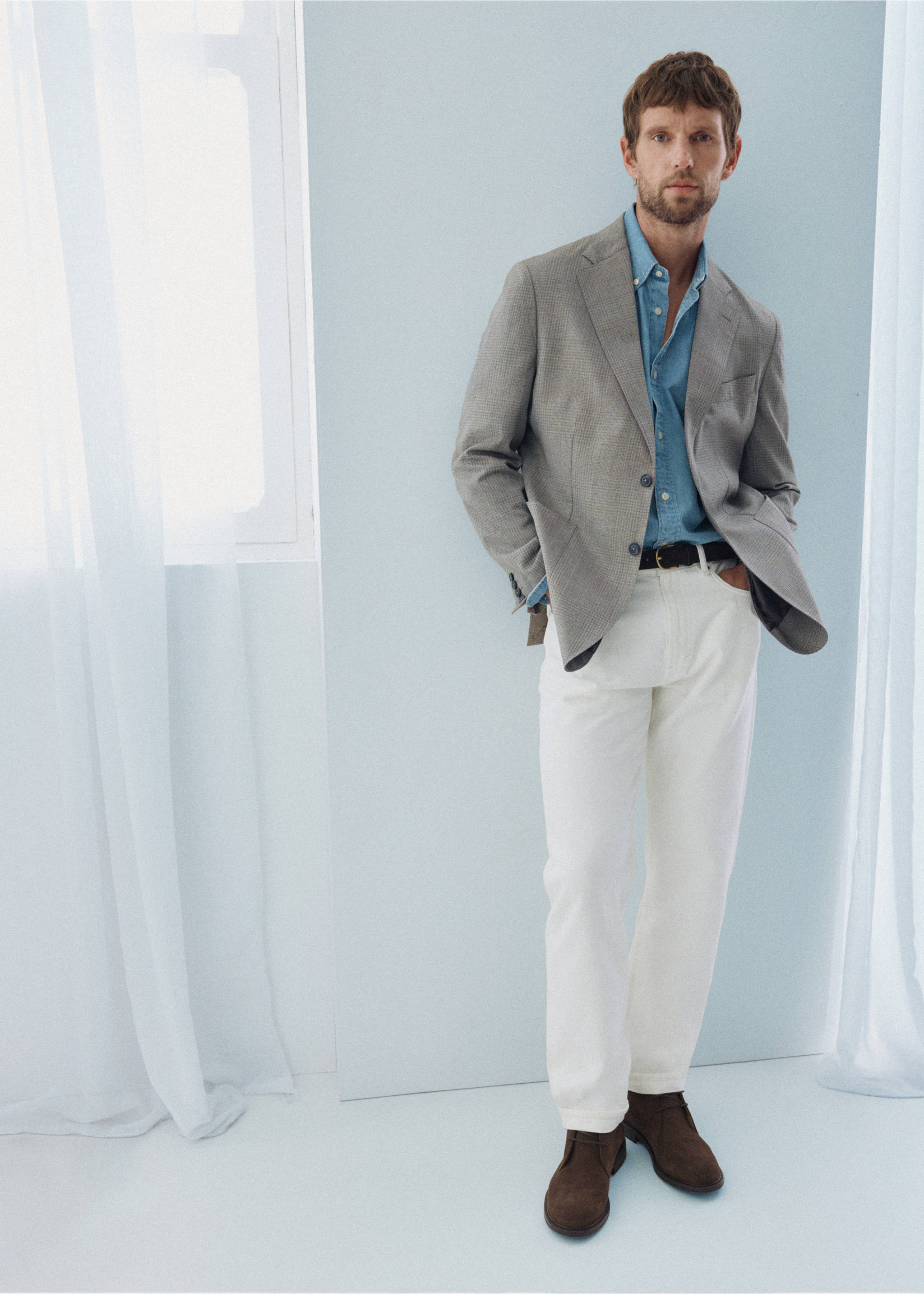 Checked wool blend slim-fit blazer - General plane, Beige. Ref: 37036324-01.