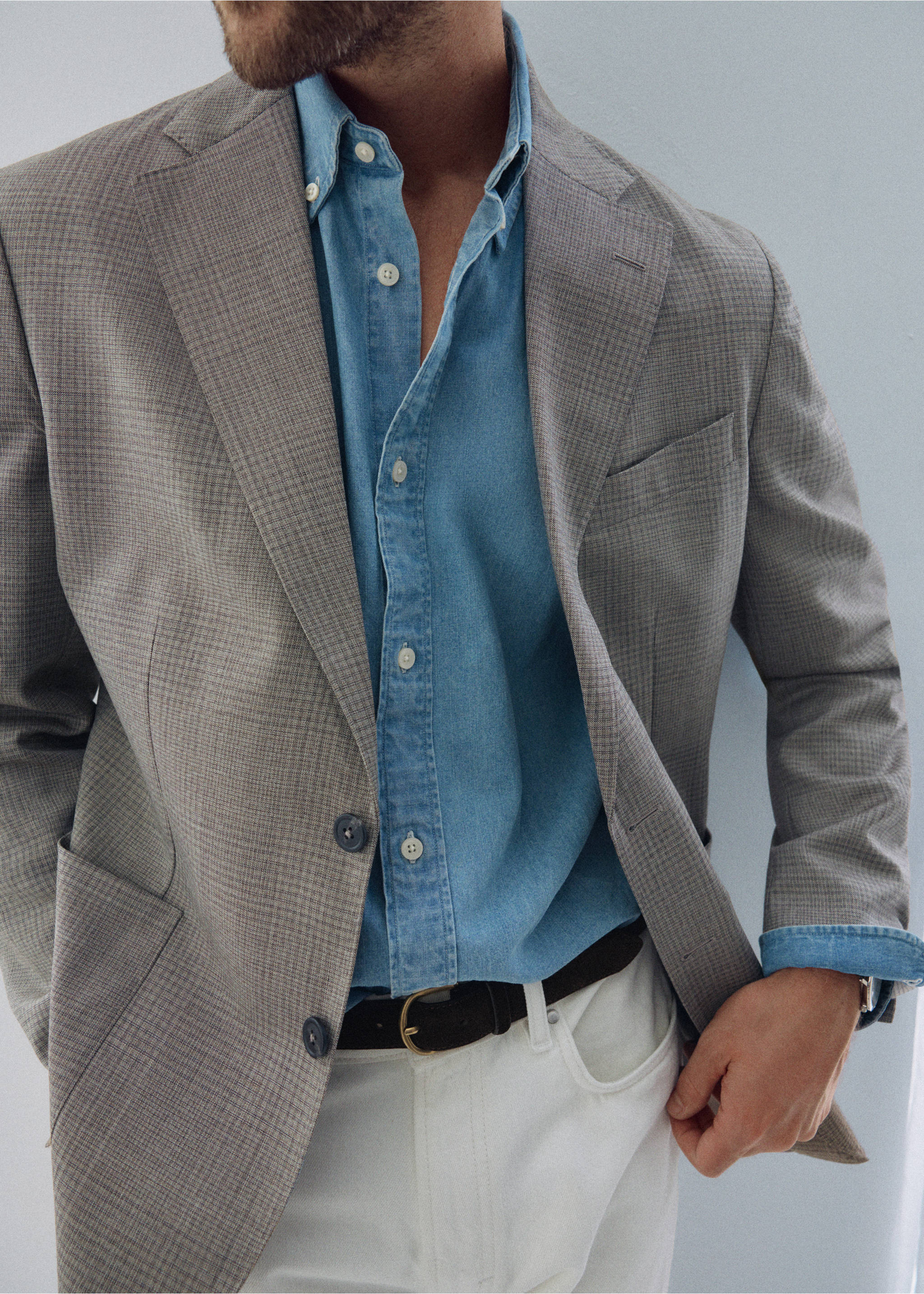 Checked wool blend slim-fit blazer - Medium plane, Beige. Ref: 37036324-01.