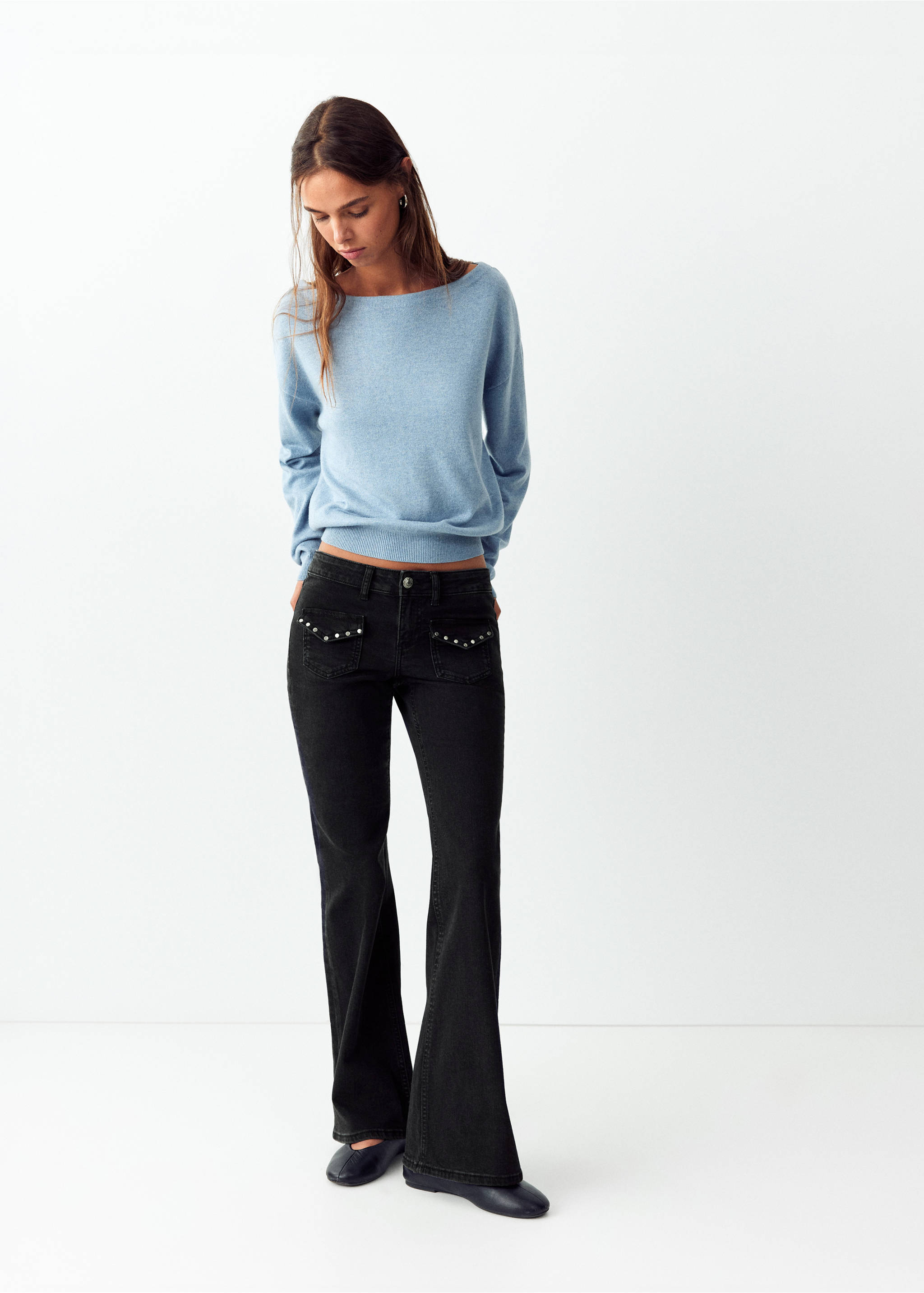 Flared jeans with studs - General plane, Black denim. Ref: 37036342-00.