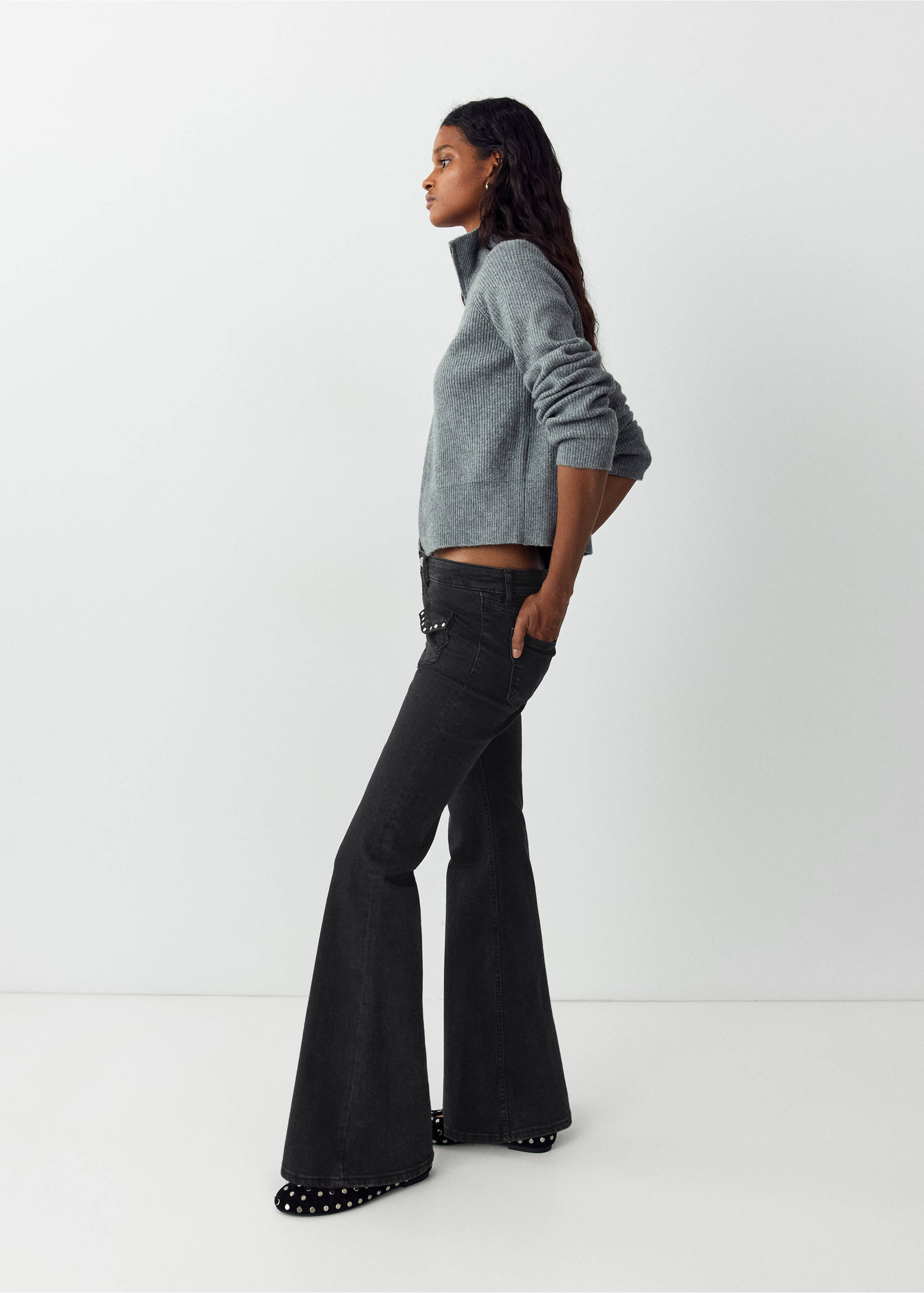 Flared jeans with studs - Details of the article 1, Black denim. Ref: 37036342-00.