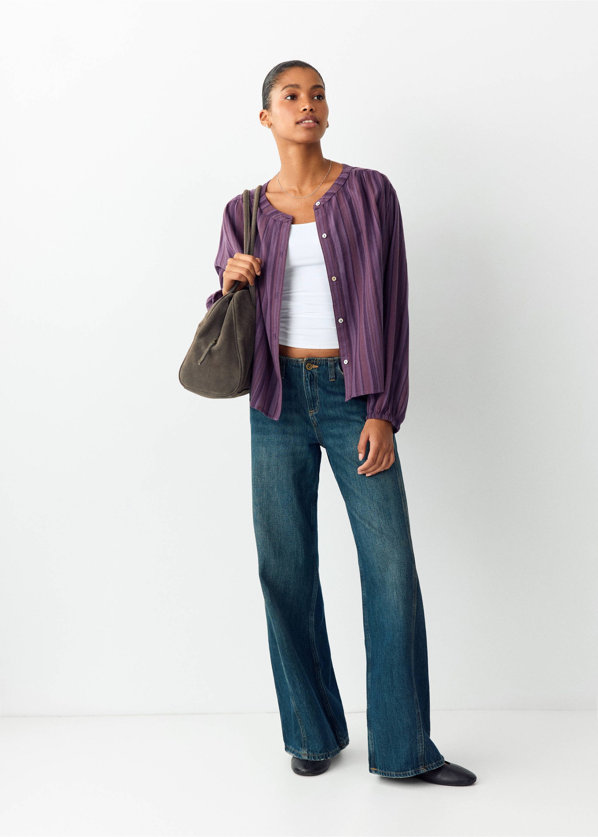 Blouse en coton rayé avec détail froncé - Plan général, Lilas. Ref: 37036344-00.