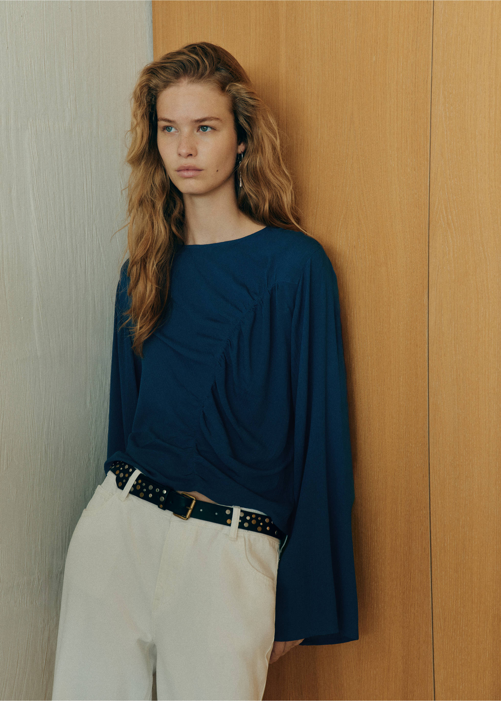 Flowy blouse with gathered detail - Medium plane, Petrol Blue. Ref: 37036345-00.