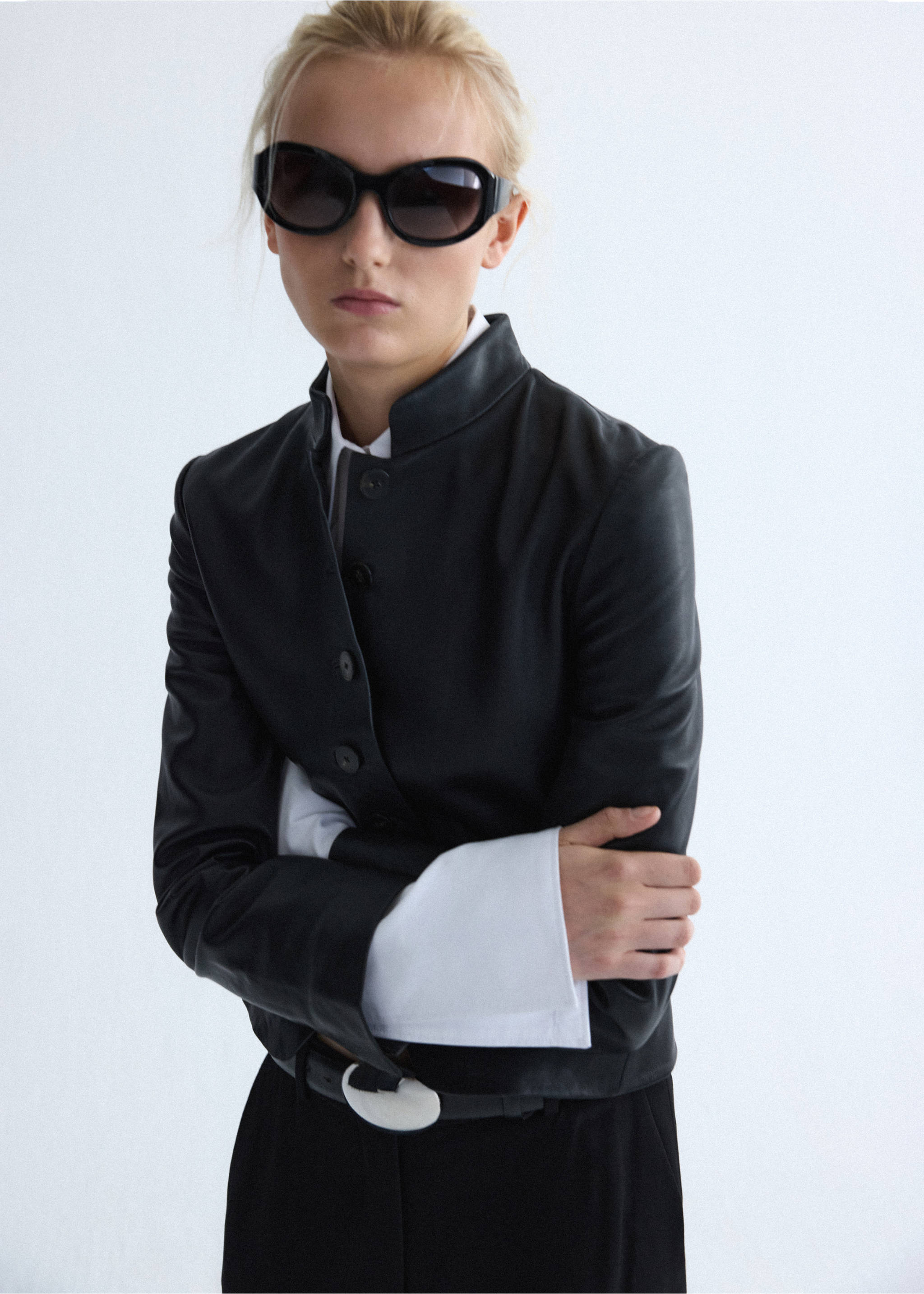 Leather jacket with strap collar - Medium plane, Black. Ref: 37036349-00.
