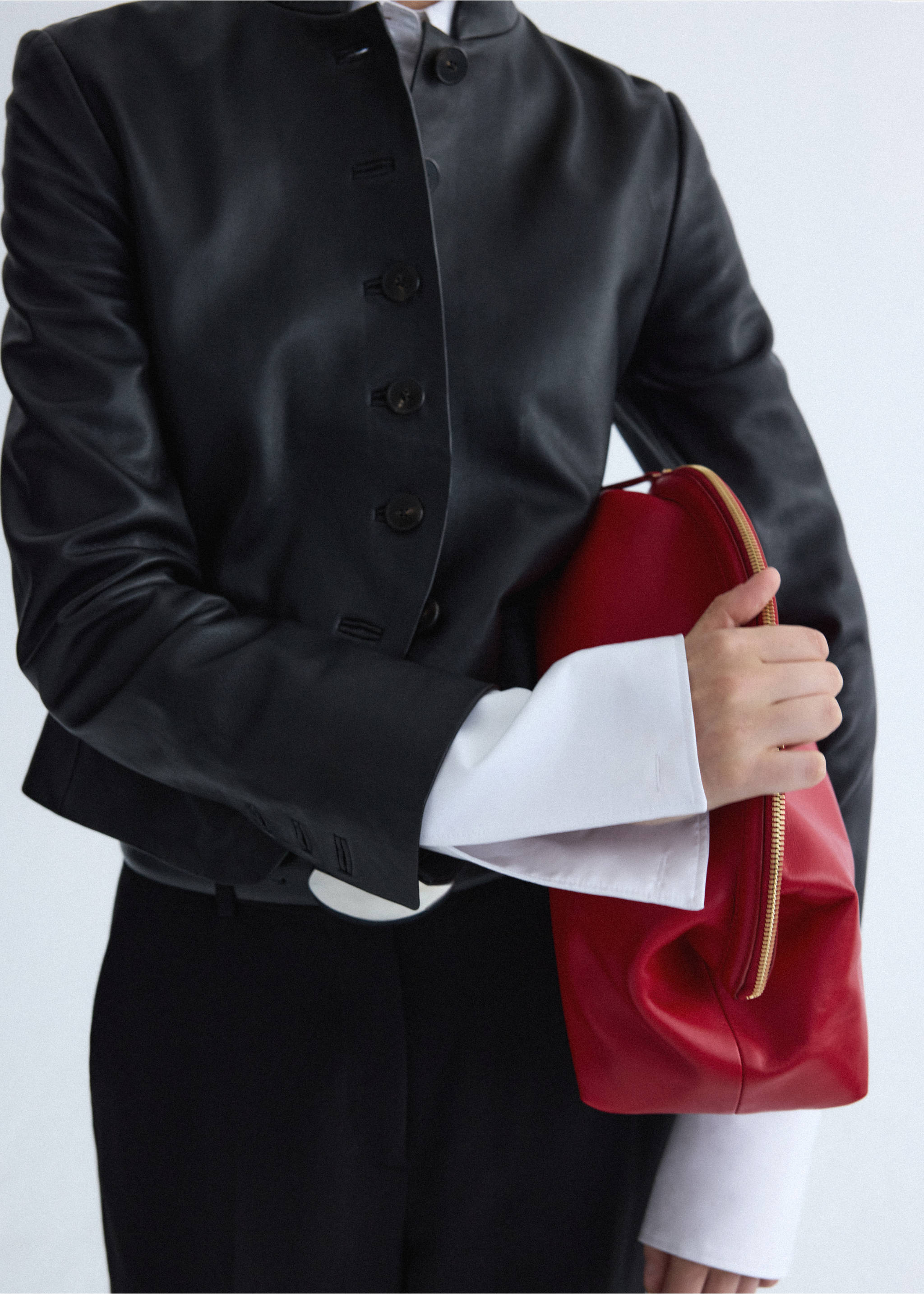 Leather jacket with strap collar - Details of the article 3, Black. Ref: 37036349-00.