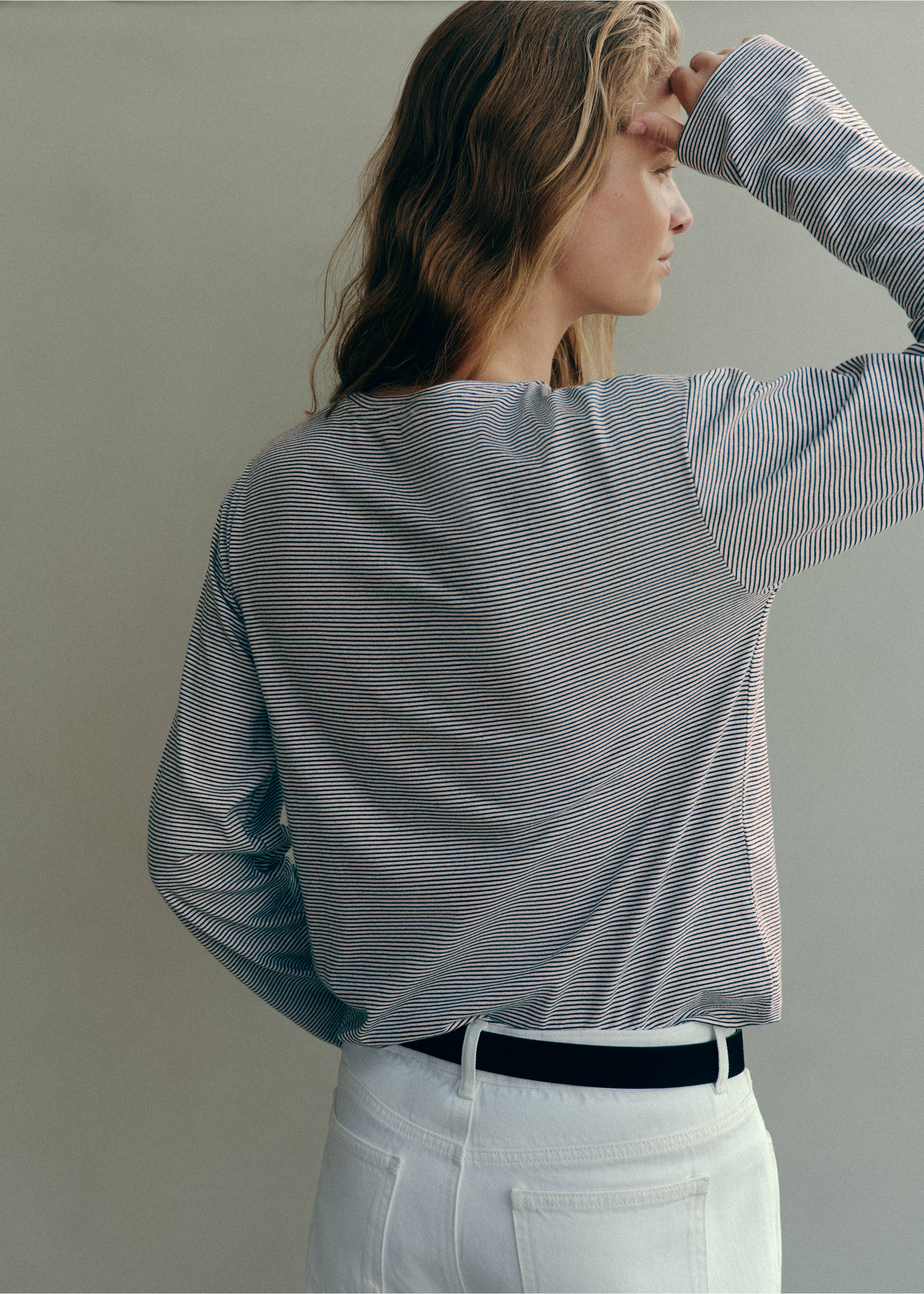 Long-sleeved fine-striped cotton T-shirt - Reverse of the article, Off White. Ref: 37036353-00.