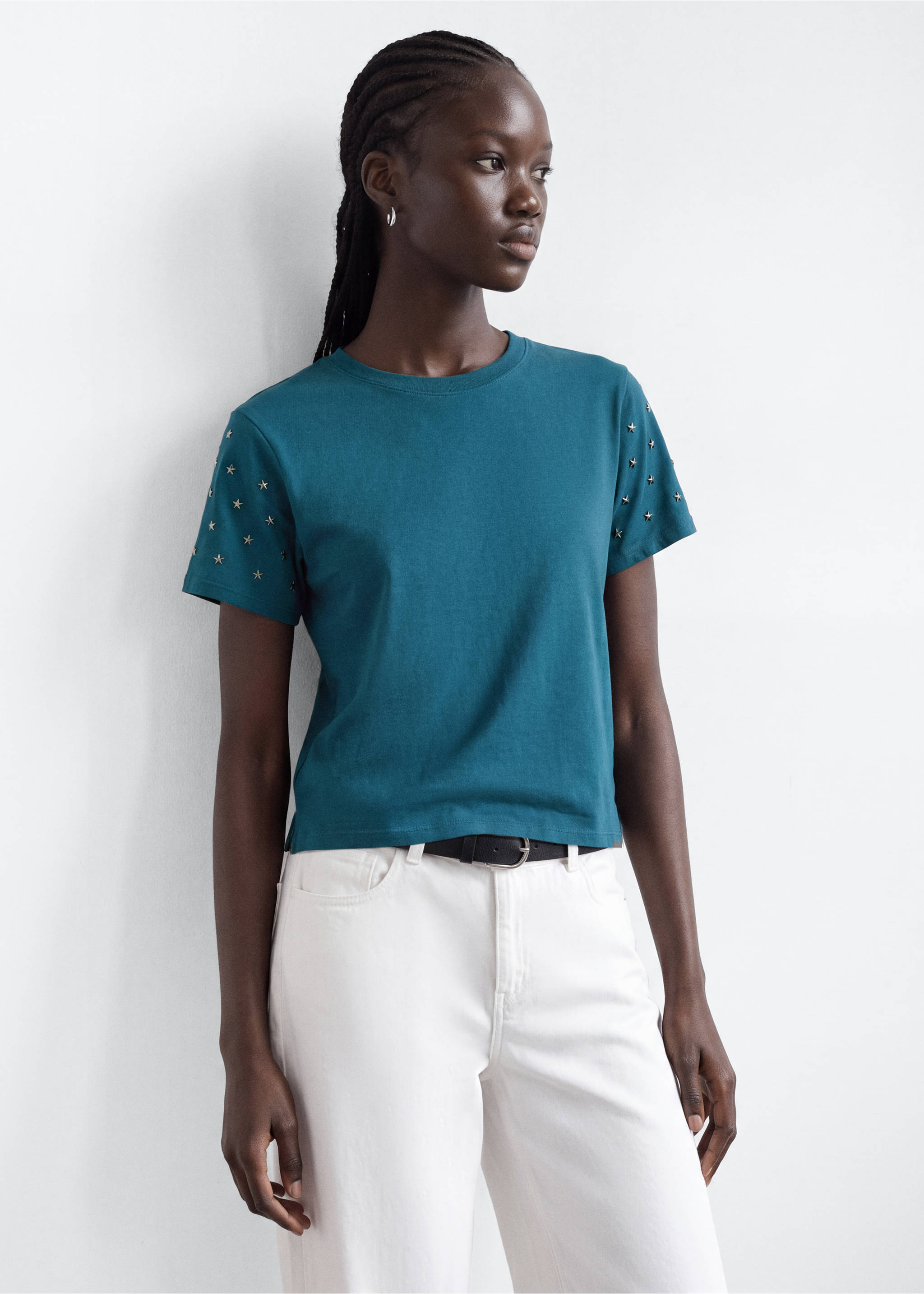 Cotton T-shirt with metallic star detail - Medium plane, Petrol Blue. Ref: 37036354-00.