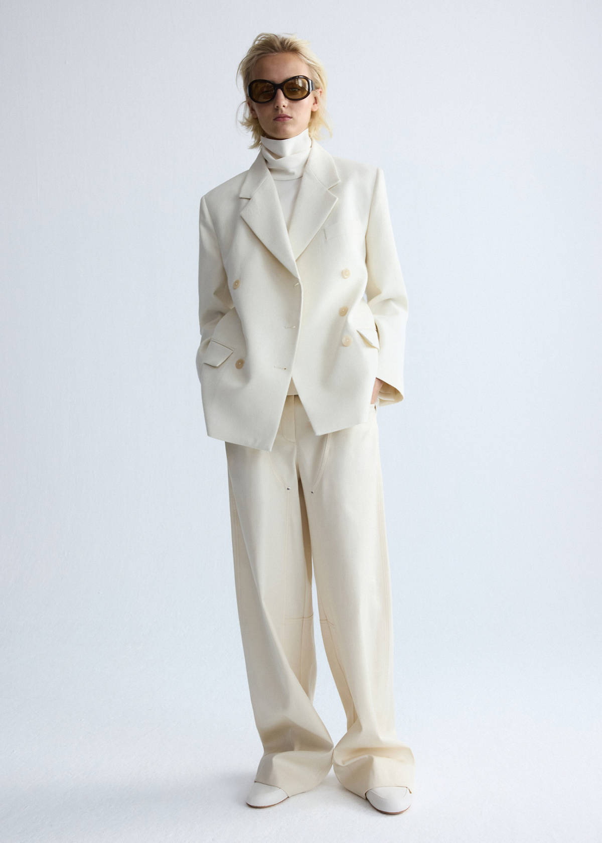 Double-breasted wool blazer — Ecru