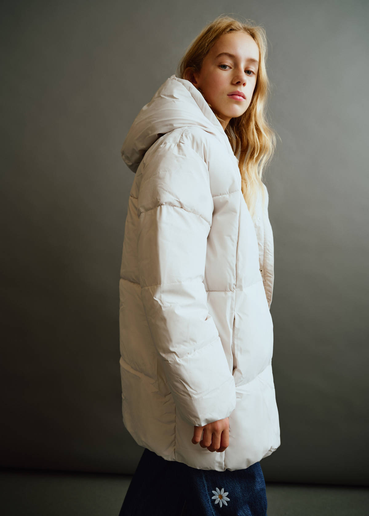 Quilted long coat — Ecru