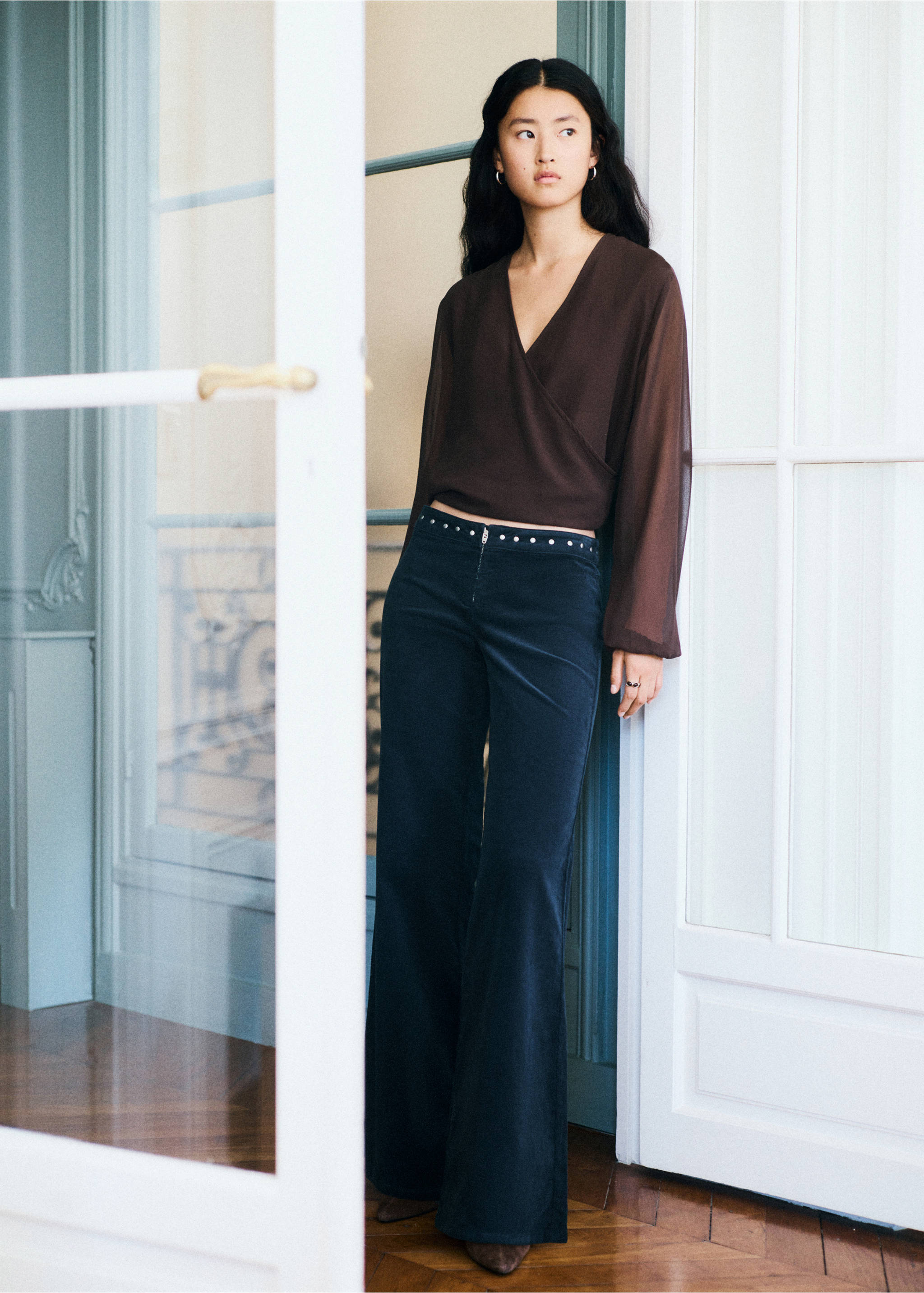 Corduroy flared trousers with studs - General plane, Navy. Ref: 37036726-00.
