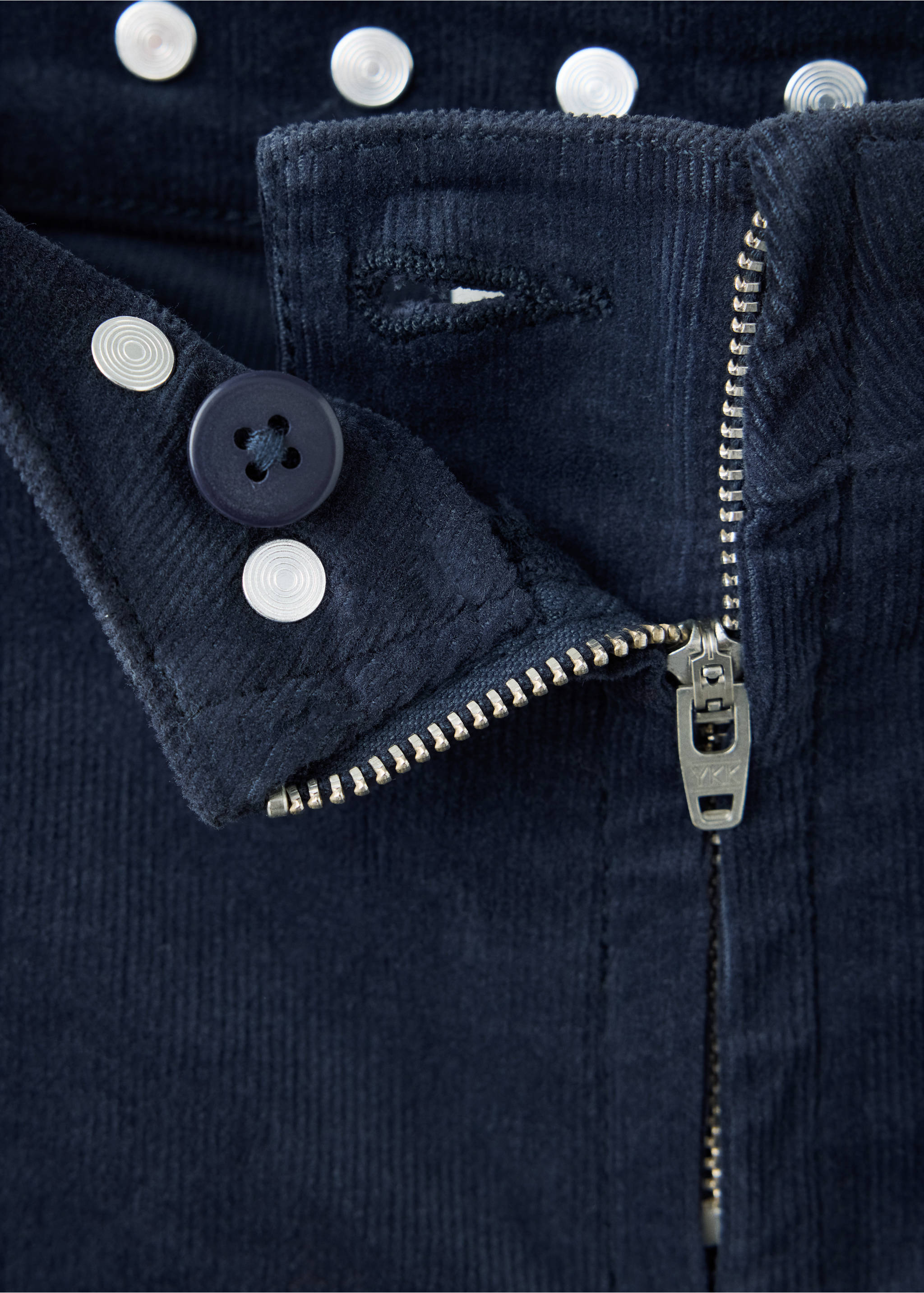 Navy blue corduroy trousers fly and waistband detail., Navy. Ref: 37036726-00.