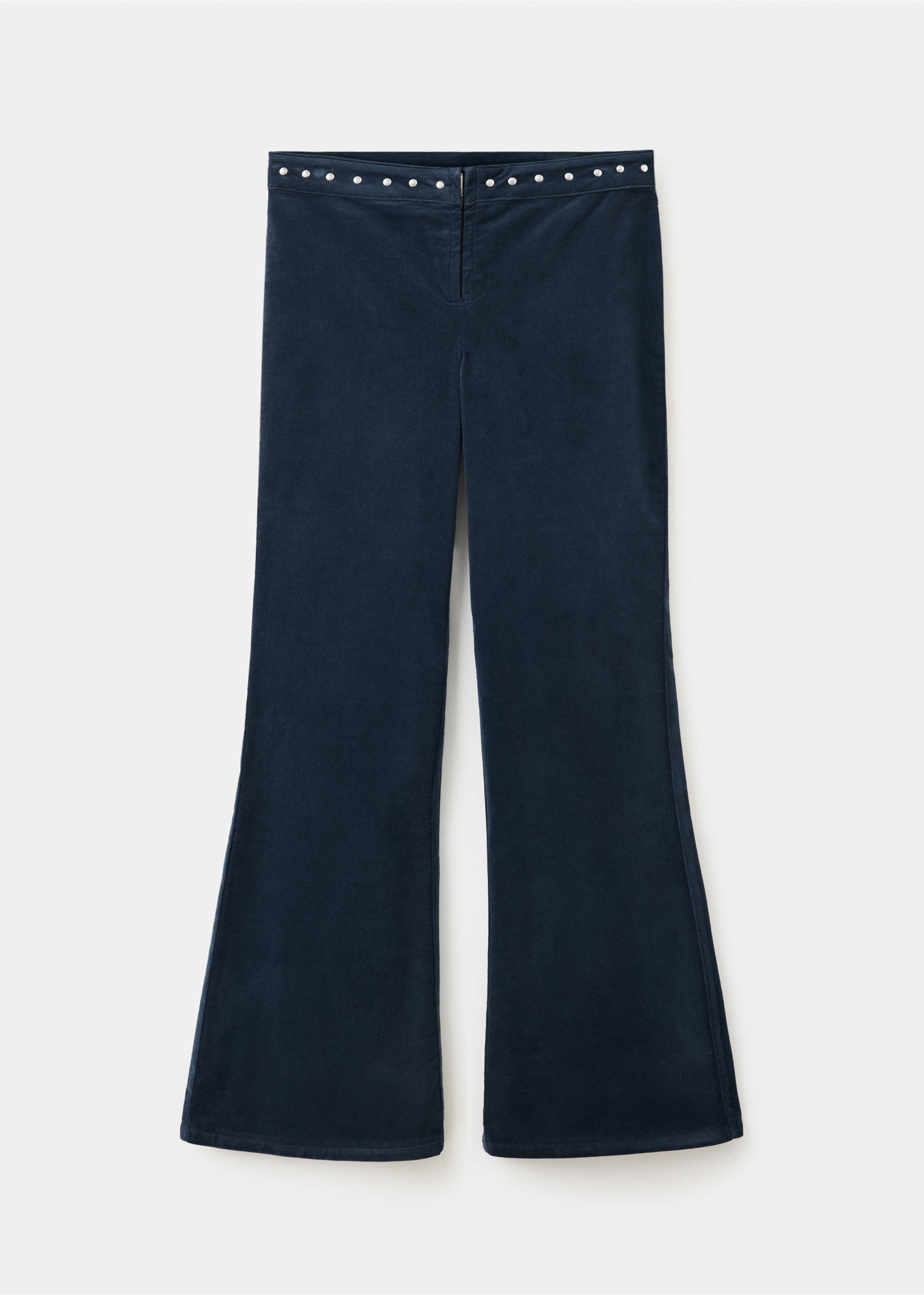 Dark navy blue corduroy trousers with a stud-embellished waistband., Navy. Ref: 37036726-00.