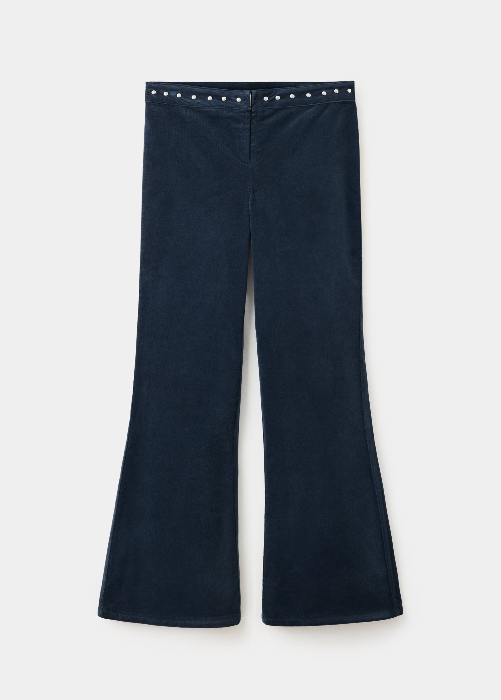 Dark navy blue corduroy trousers with a stud-embellished waistband.