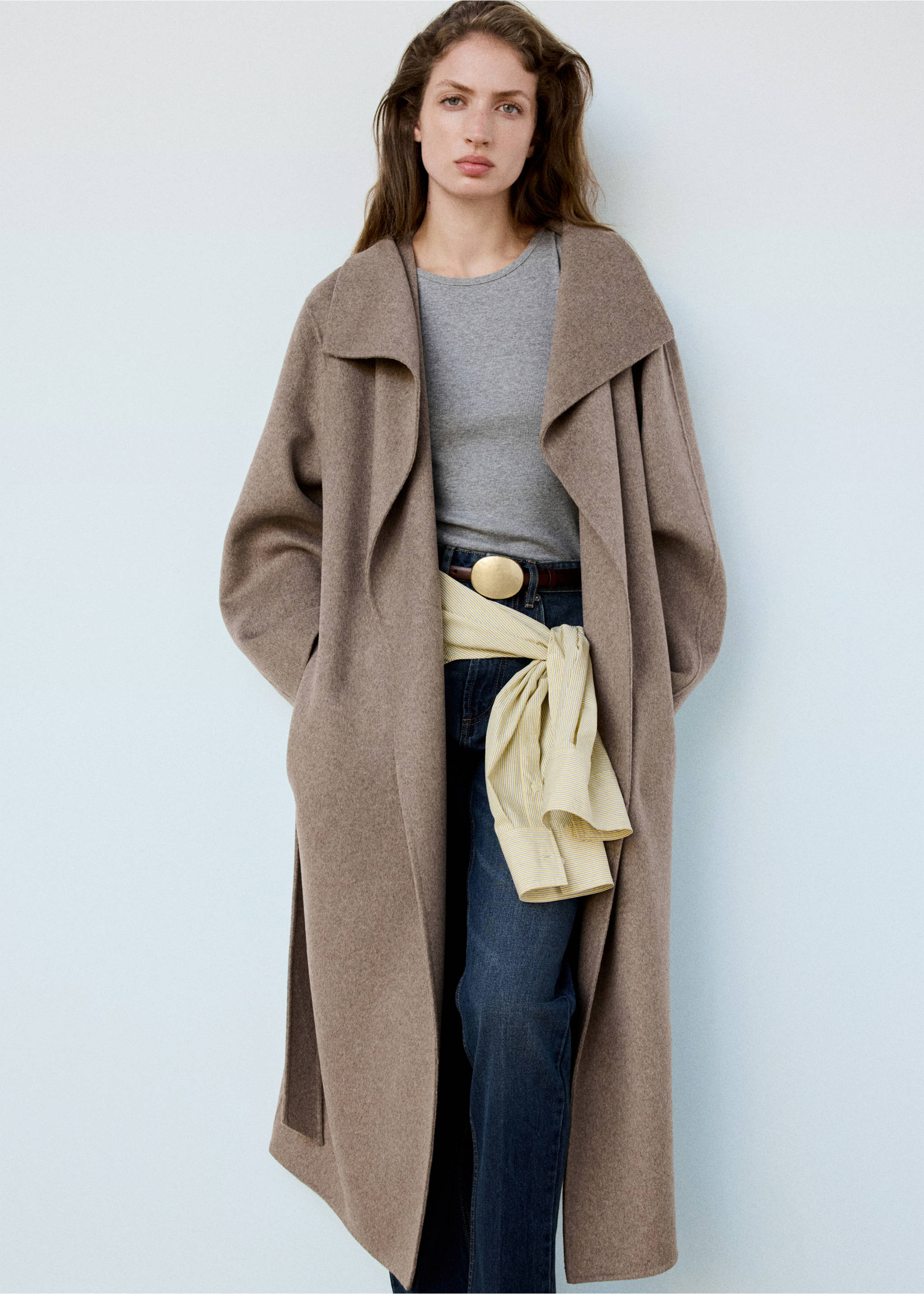 Handmade wool coat with belt - Medium plane, Medium Brown. Ref: 37036728-00.