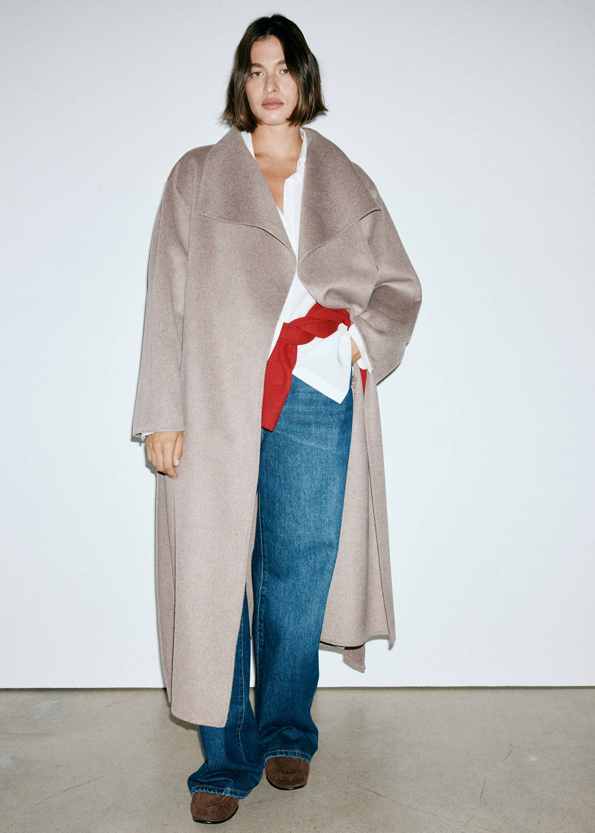 Handmade wool coat with belt — Medium Brown