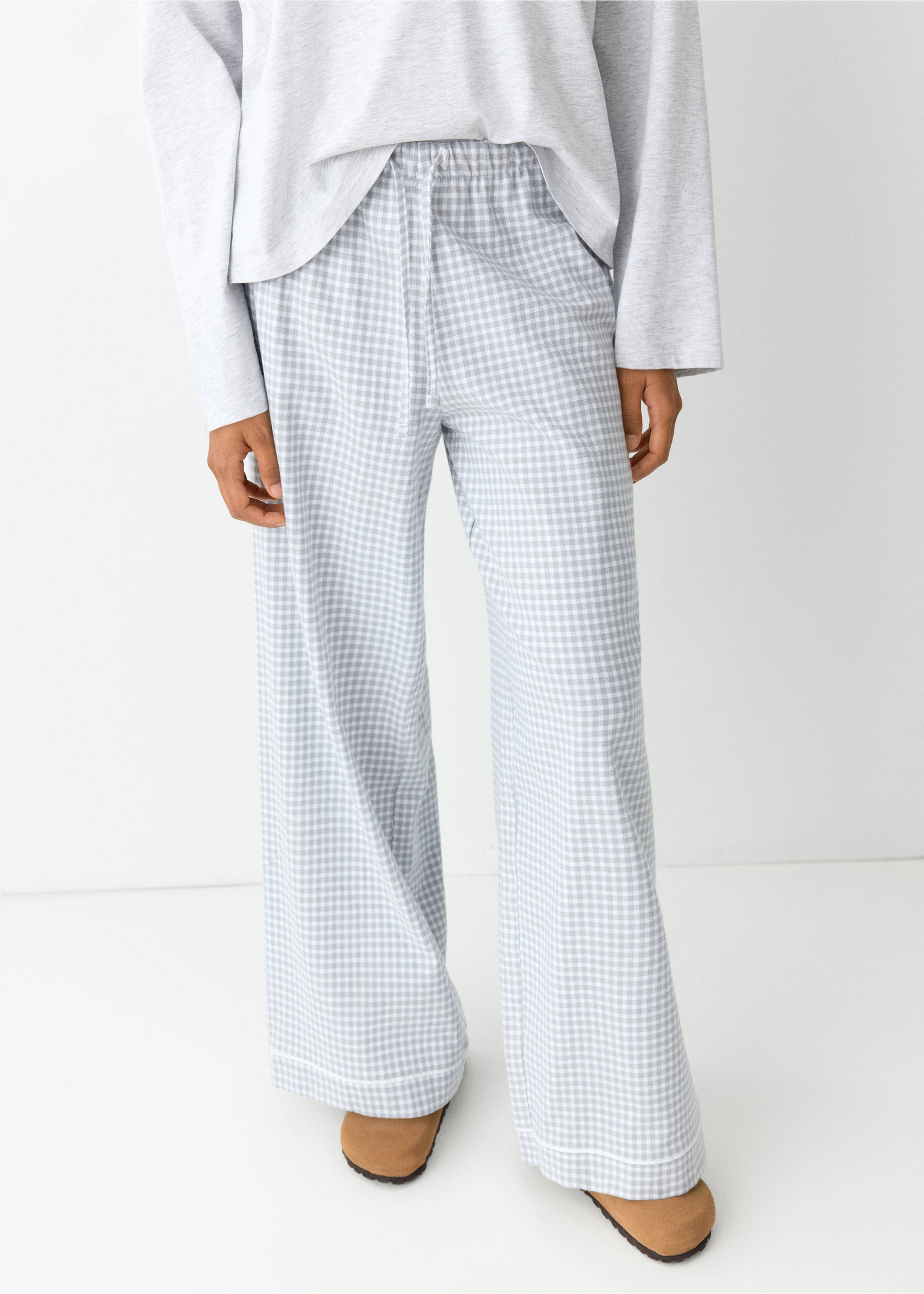 Blue and white check pyjama trousers with wide legs and a drawstring waist., Light Heather Grey. Ref: 37036731-00.