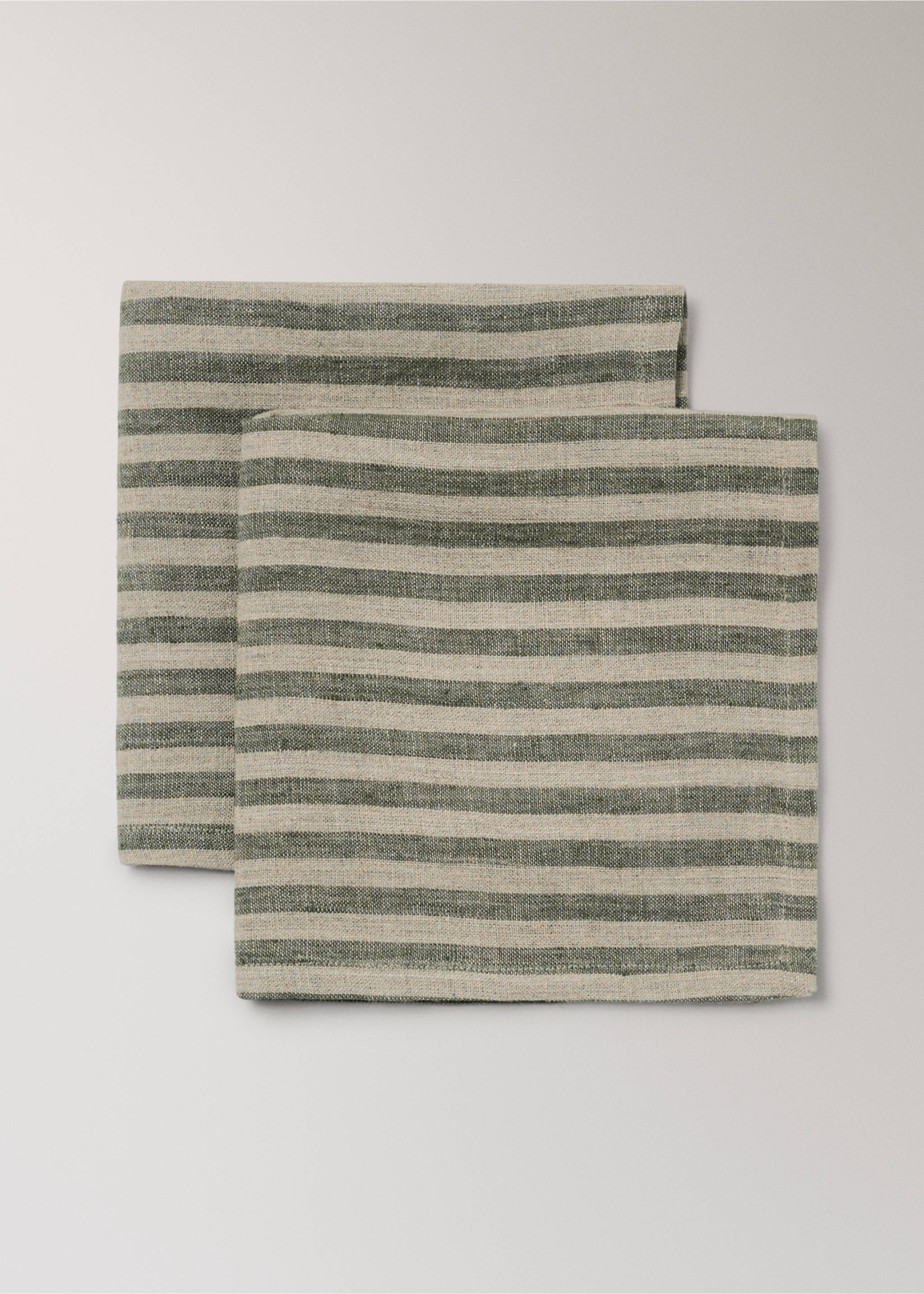 Two square napkins with a dark green and beige horizontal striped pattern., Green. Ref: 37036734-00.