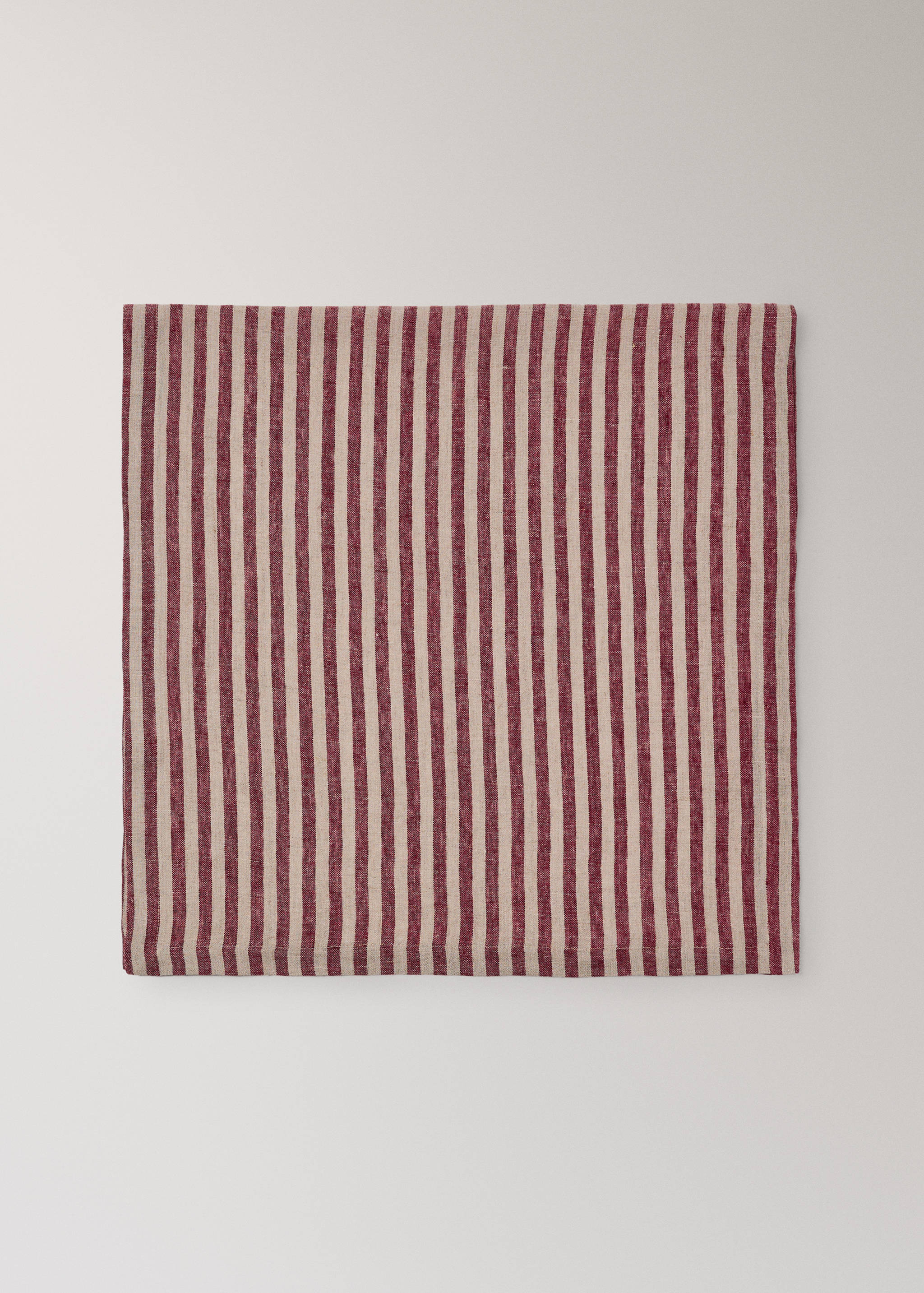 Square linen napkin with a dark red and beige vertical striped pattern.