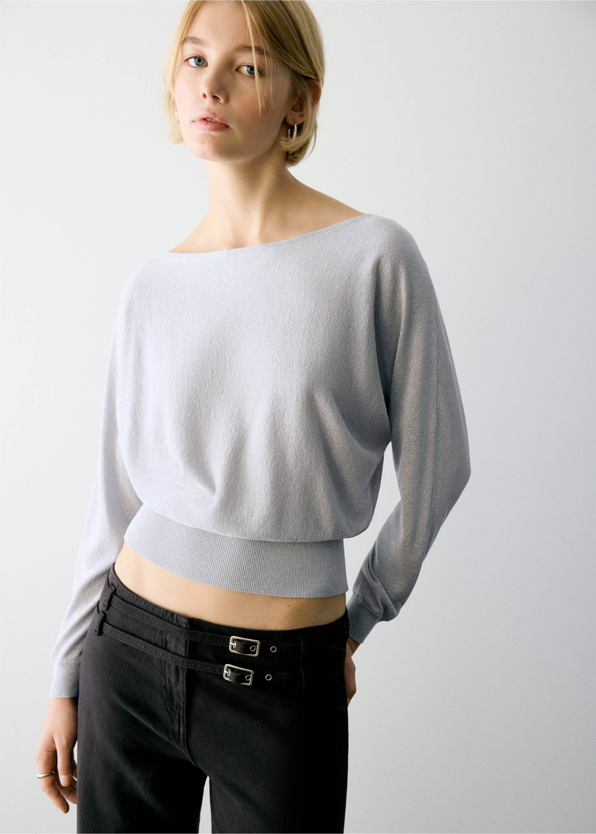Boat neck lurex sweater - Medium plane, Silver. Ref: 37036736-00.