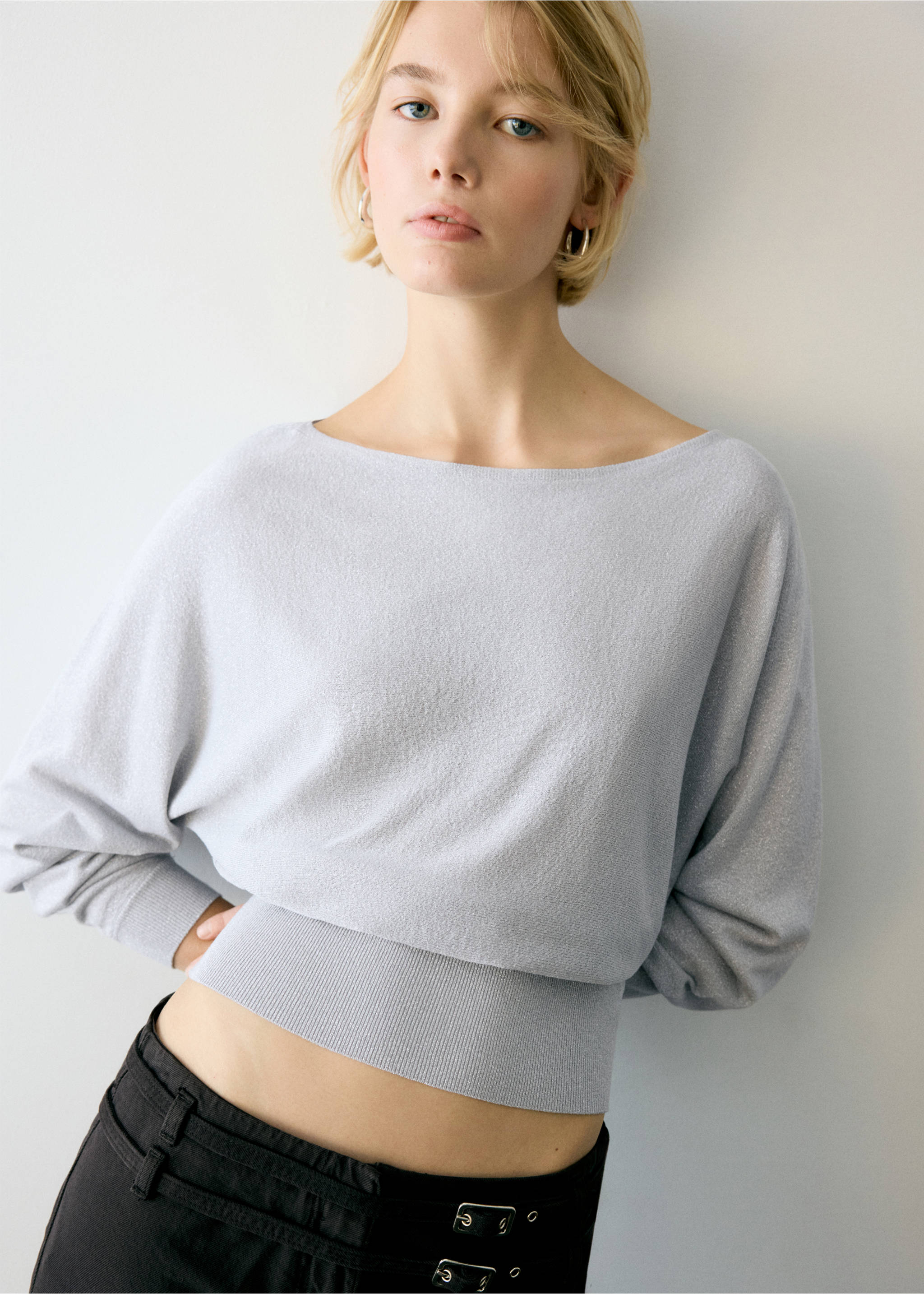 Boat neck lurex sweater - Details of the article 2, Silver. Ref: 37036736-00.