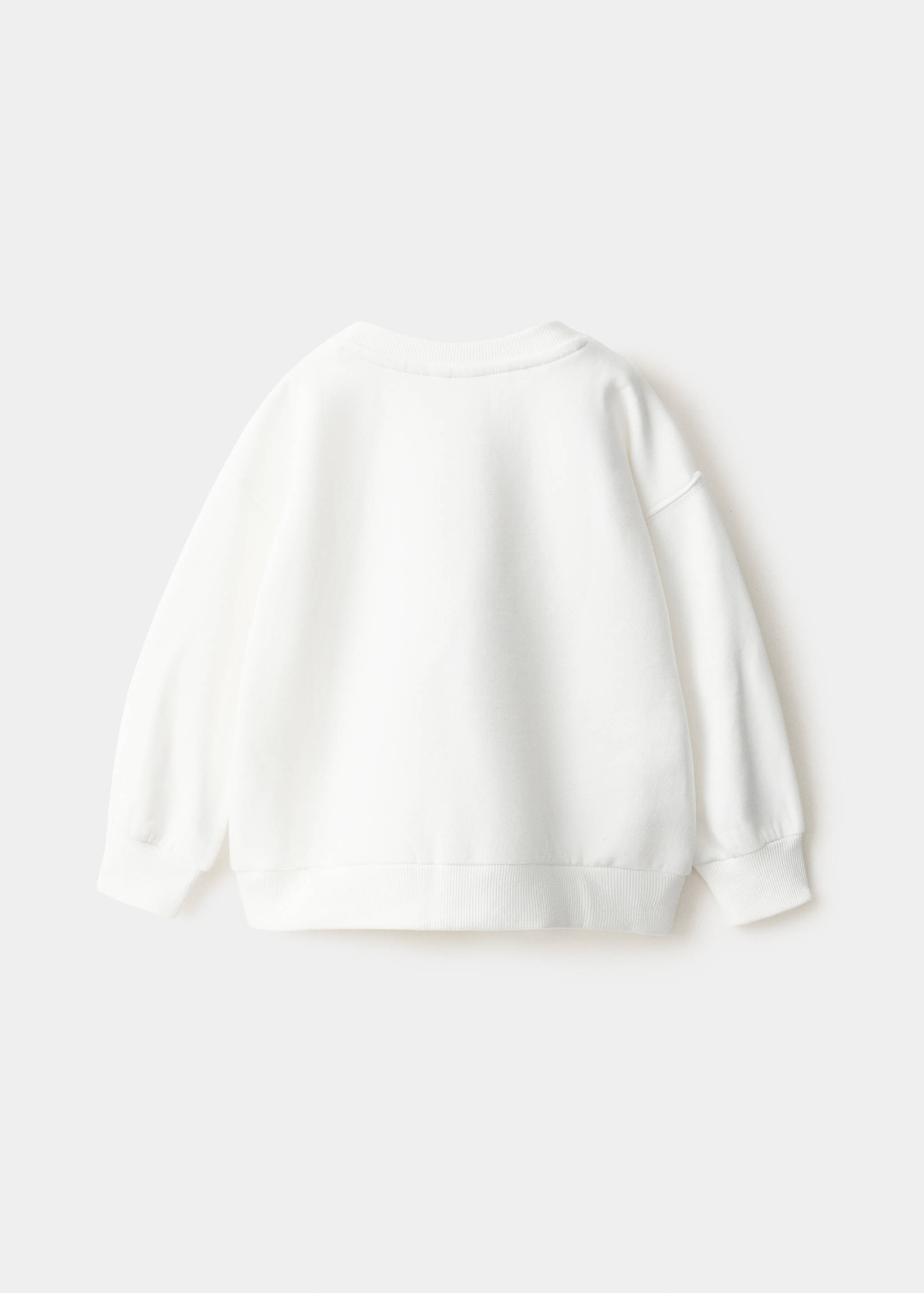 Back view of a white children's sweatshirt with ribbed trims.