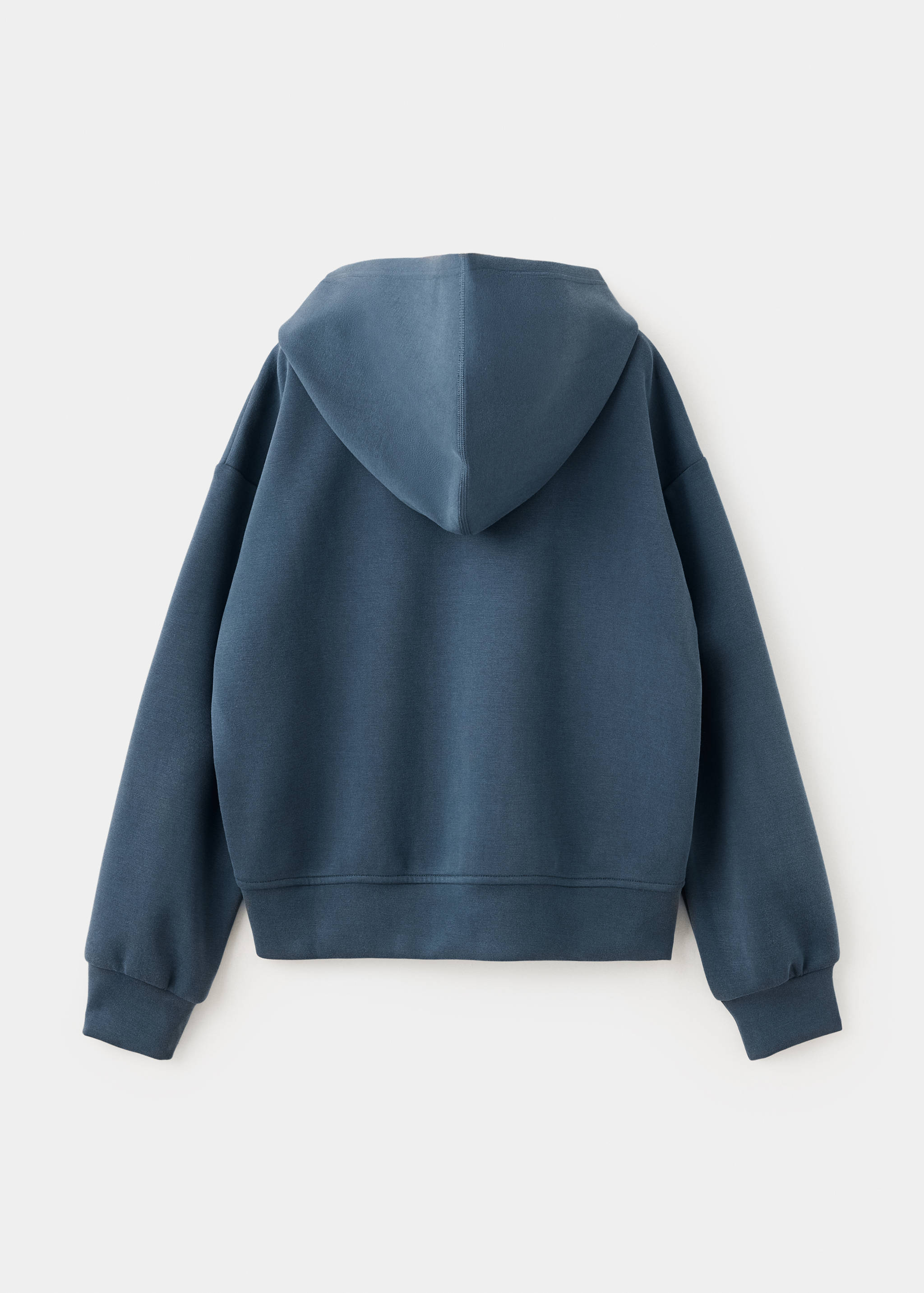 Back view of a dark blue children's hoodie with a hood and ribbed hem.