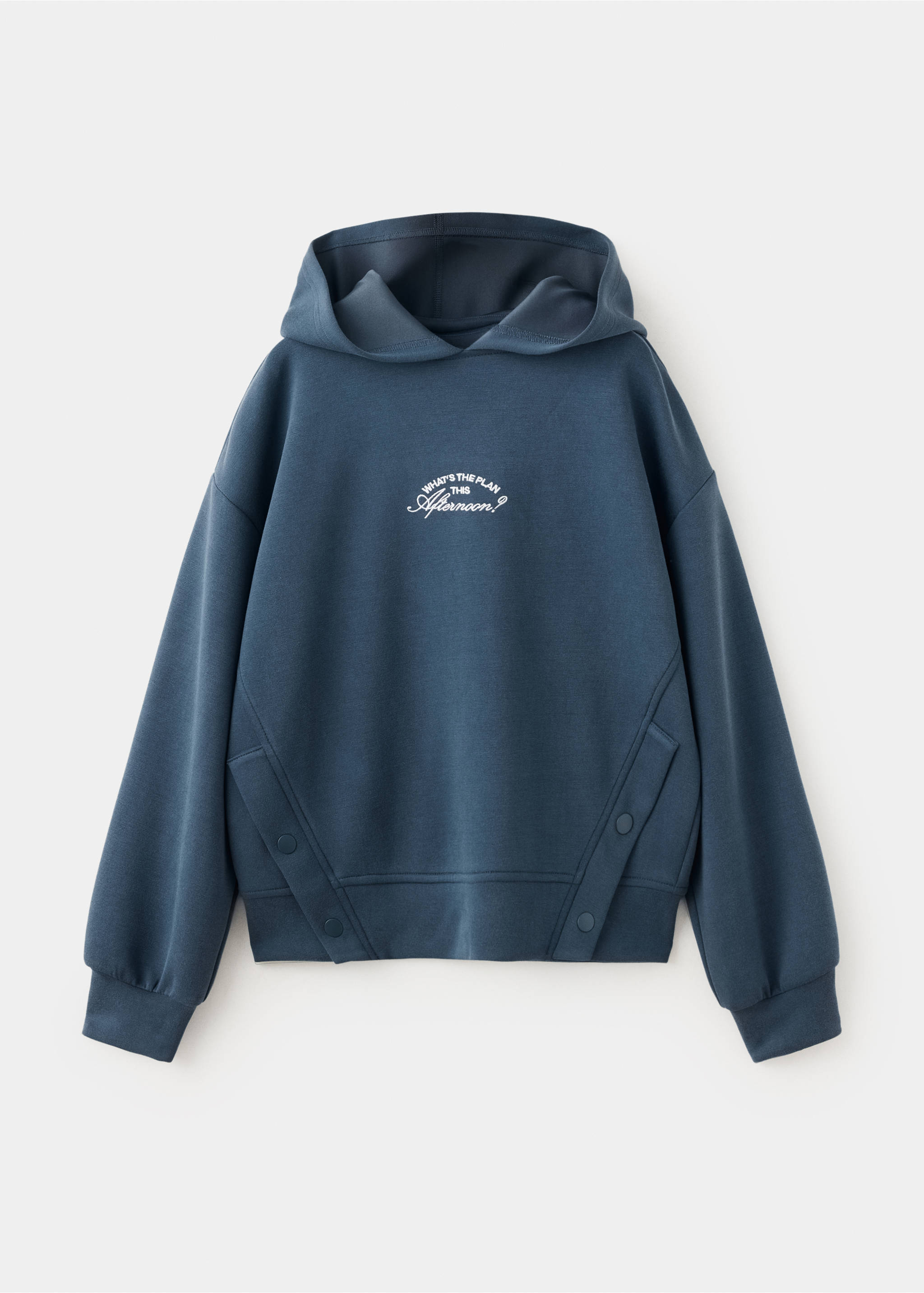 Dark teal children's hoodie with hood, slogan embroidery, and snap-button pockets., Navy. Ref: 37036747-00.