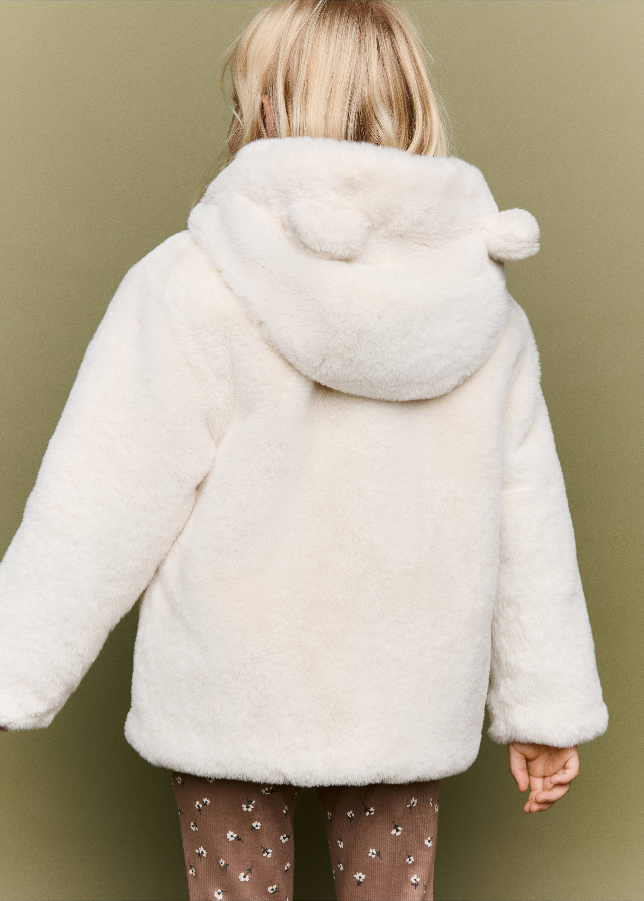 Cream faux-fur coat with a bear-ear hood, shown from the back., Off White. Ref: 37037115-00.