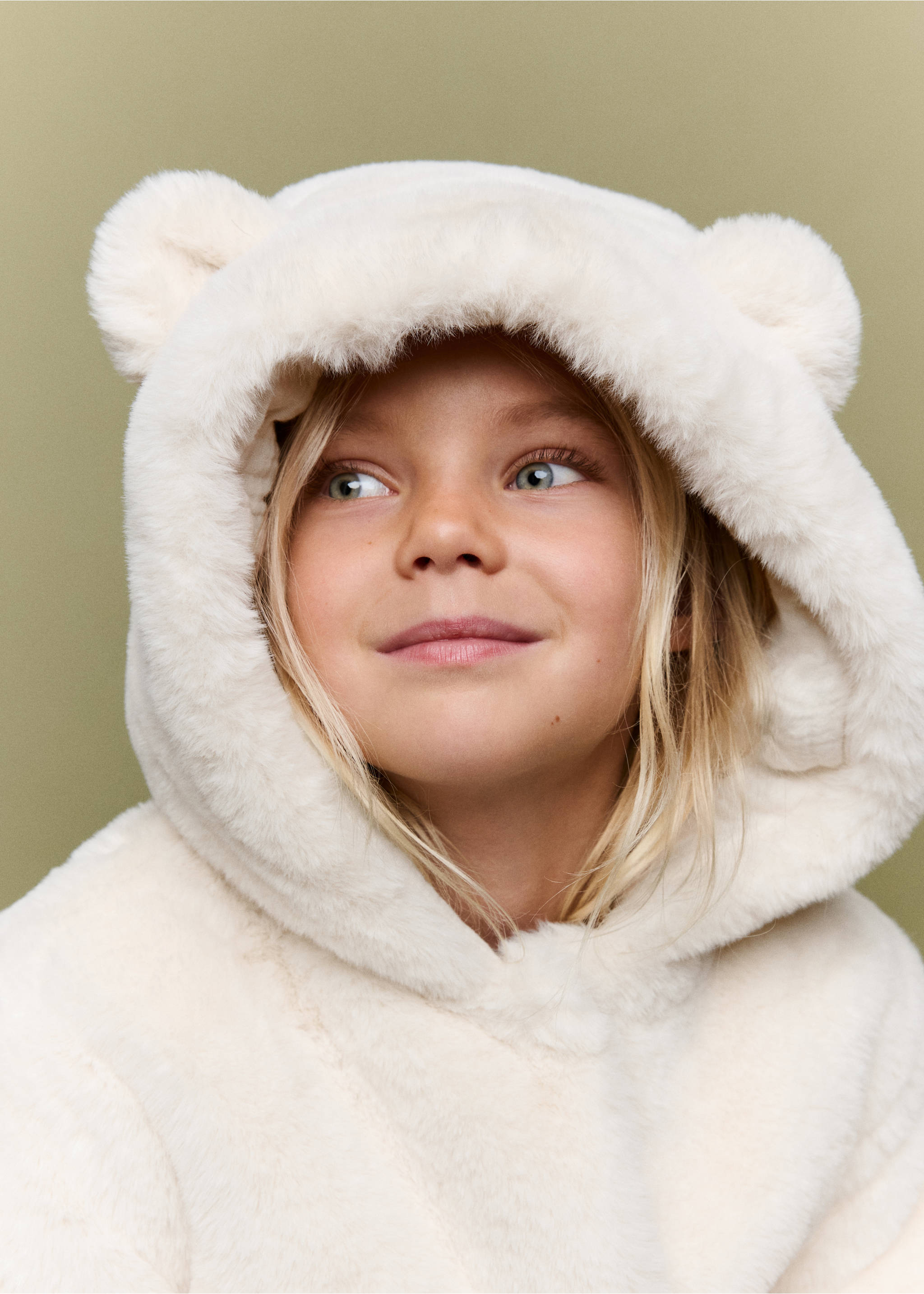 Off-white faux-fur coat with bear ear hood detail., Off White. Ref: 37037115-00.