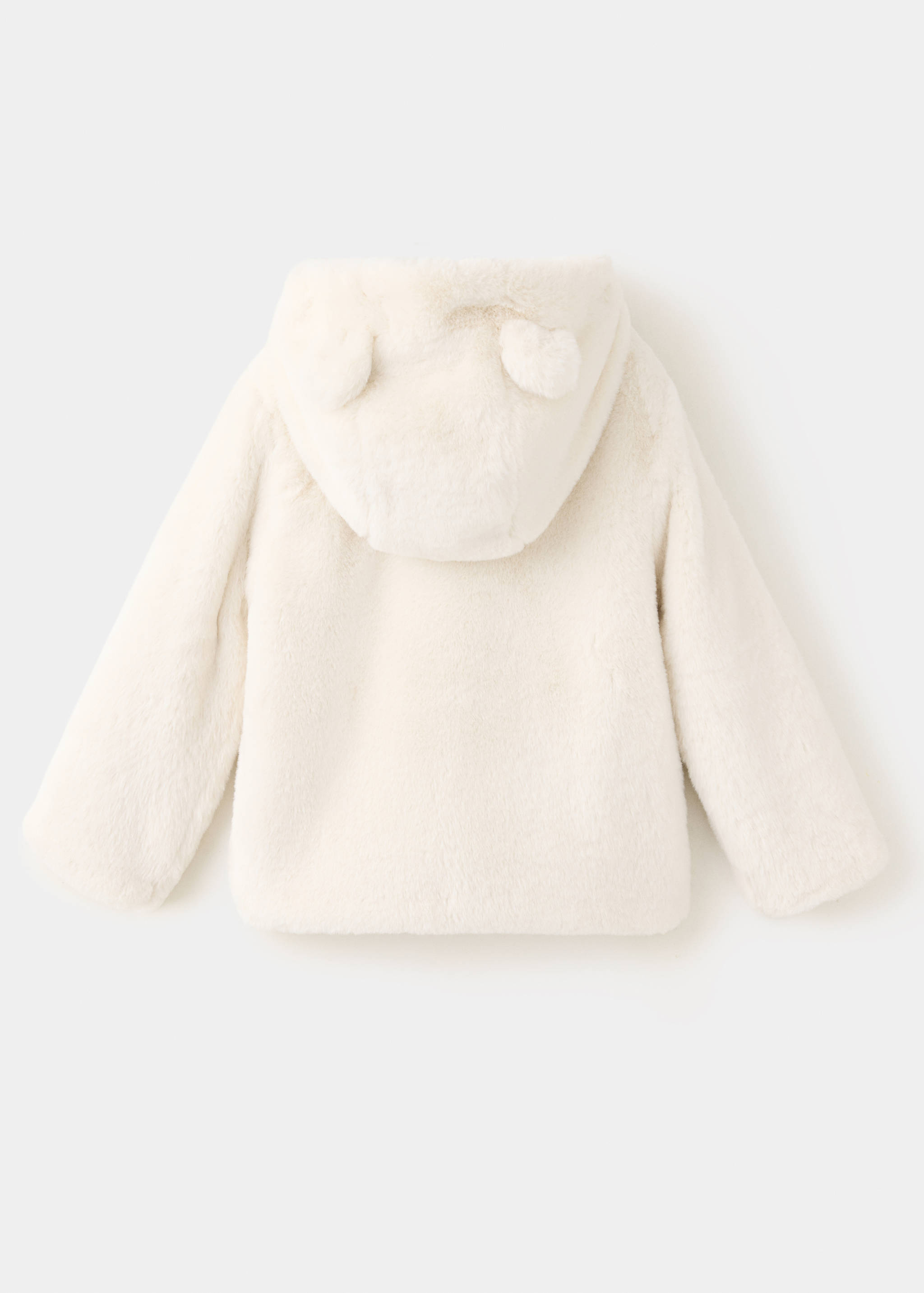 Cream faux-fur kids' coat with a hooded back view and decorative ears.