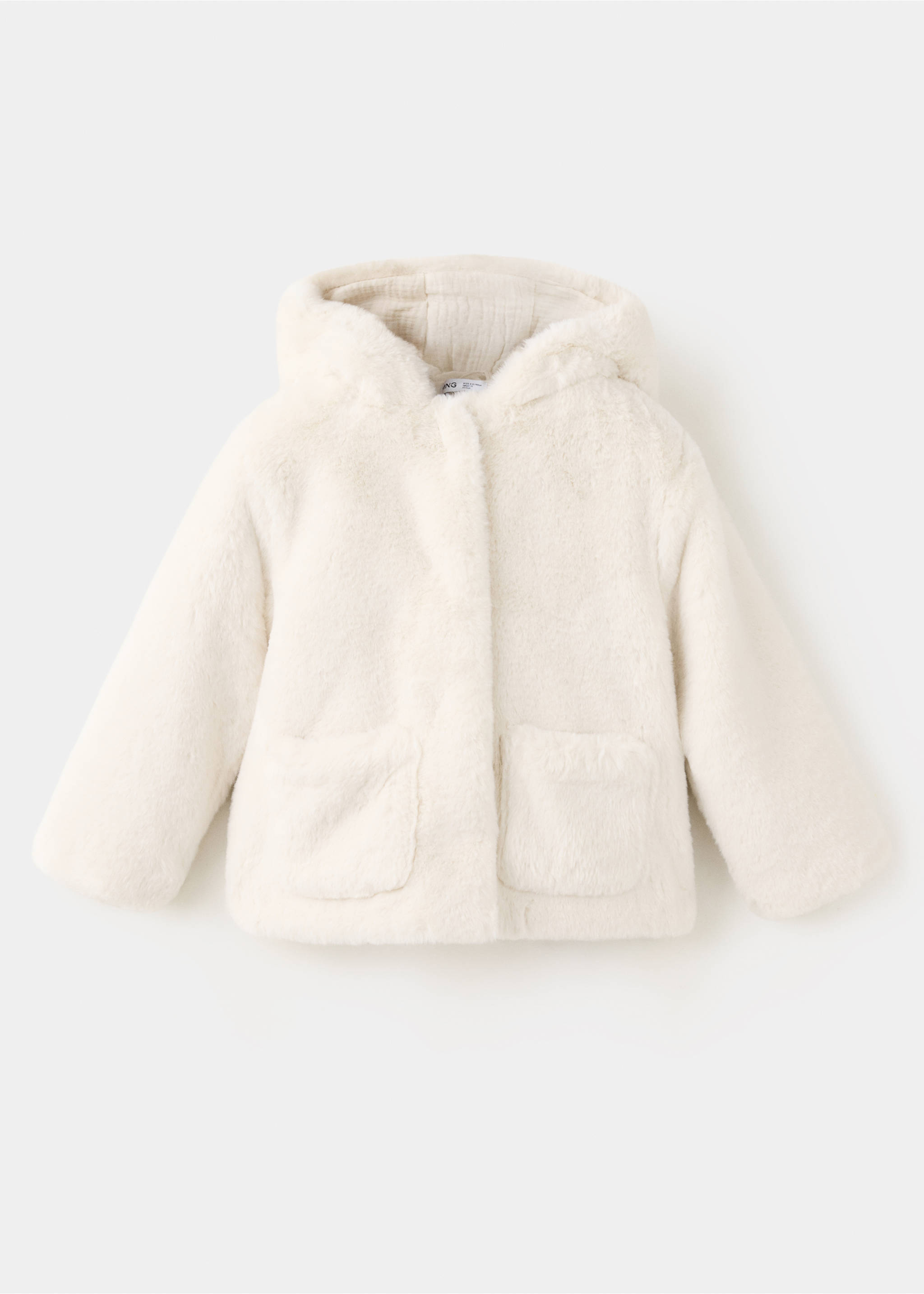 Off-white faux-fur hooded kids' coat with patch pockets., Off White. Ref: 37037115-00.