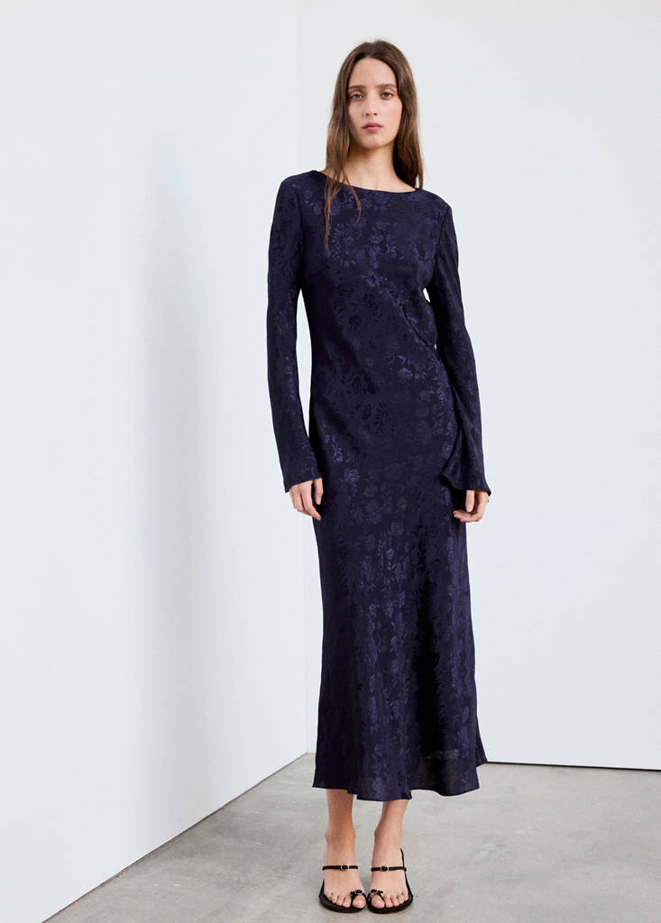 Floral jacquard dress with bell sleeves — Blue
