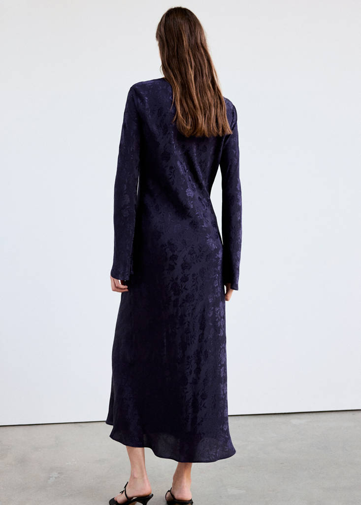 Floral jacquard dress with bell sleeves — Blue