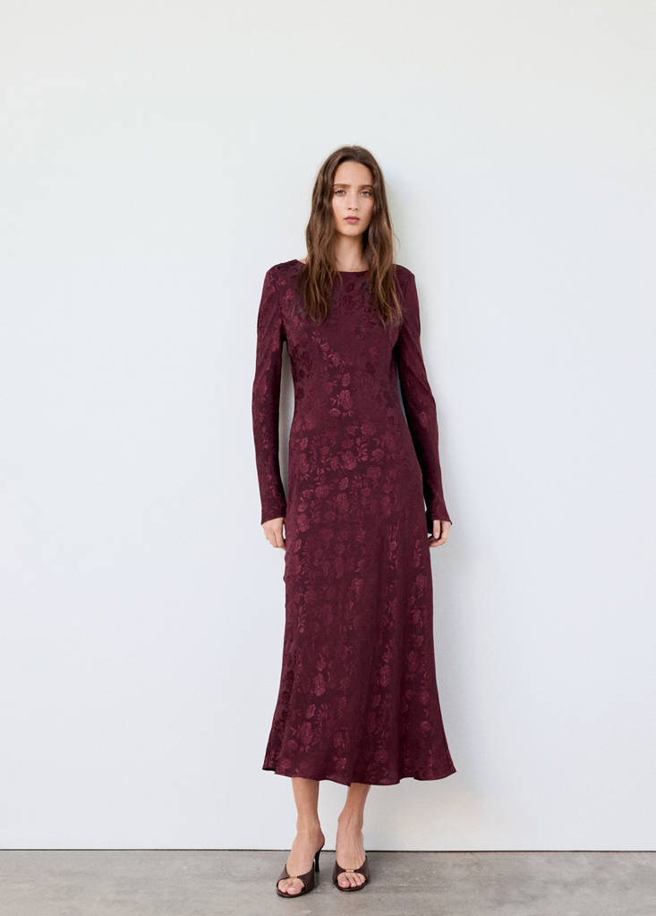 Floral jacquard dress with bell sleeves — Burgundy