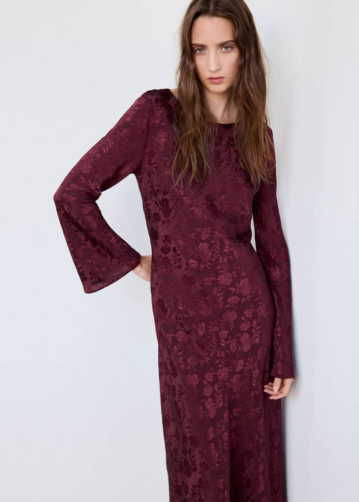 Floral jacquard dress with bell sleeves — Burgundy