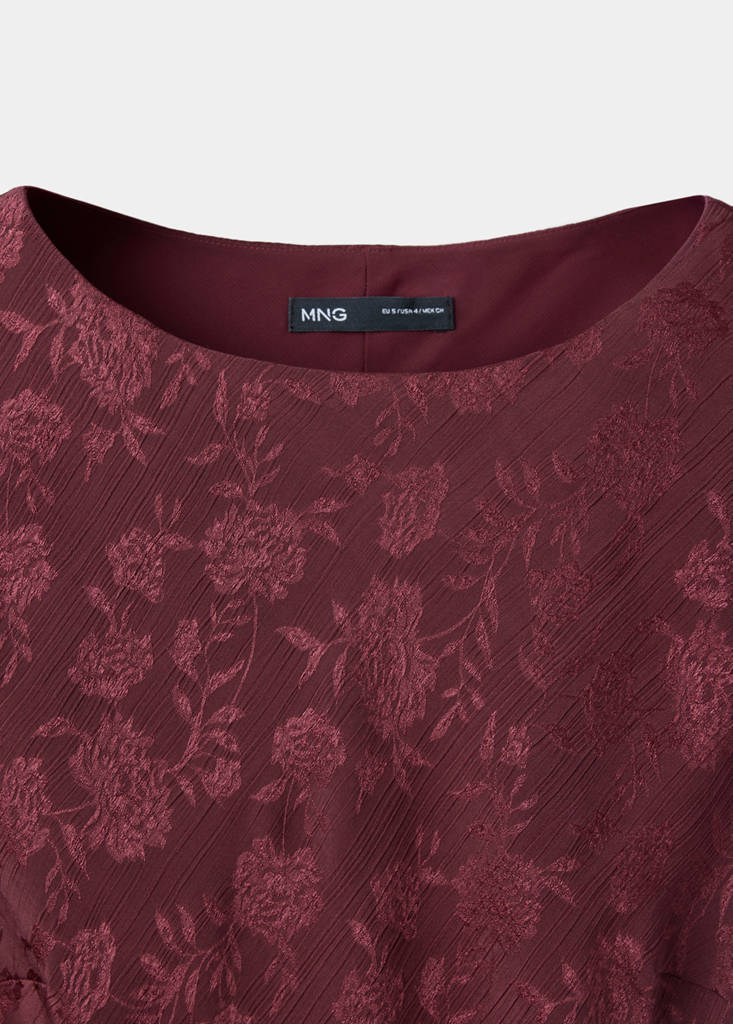Floral jacquard dress with bell sleeves — Burgundy