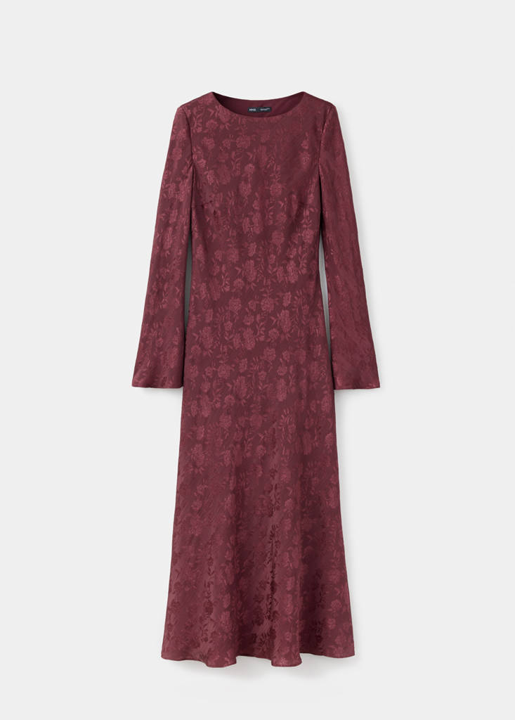 Floral jacquard dress with bell sleeves — Burgundy