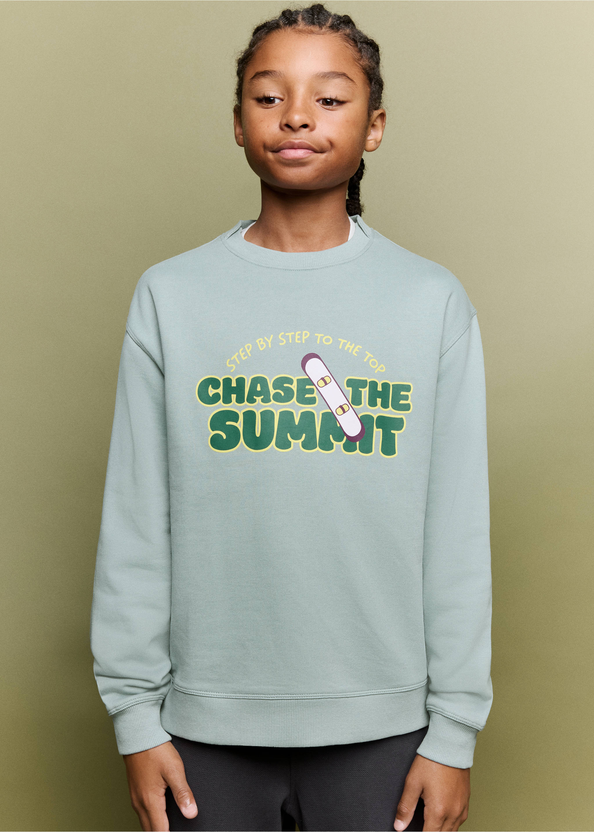 Sweat en coton avec snowboard et message imprimés - Plan moyen, Vert d´eau. Ref: 37037127-00.