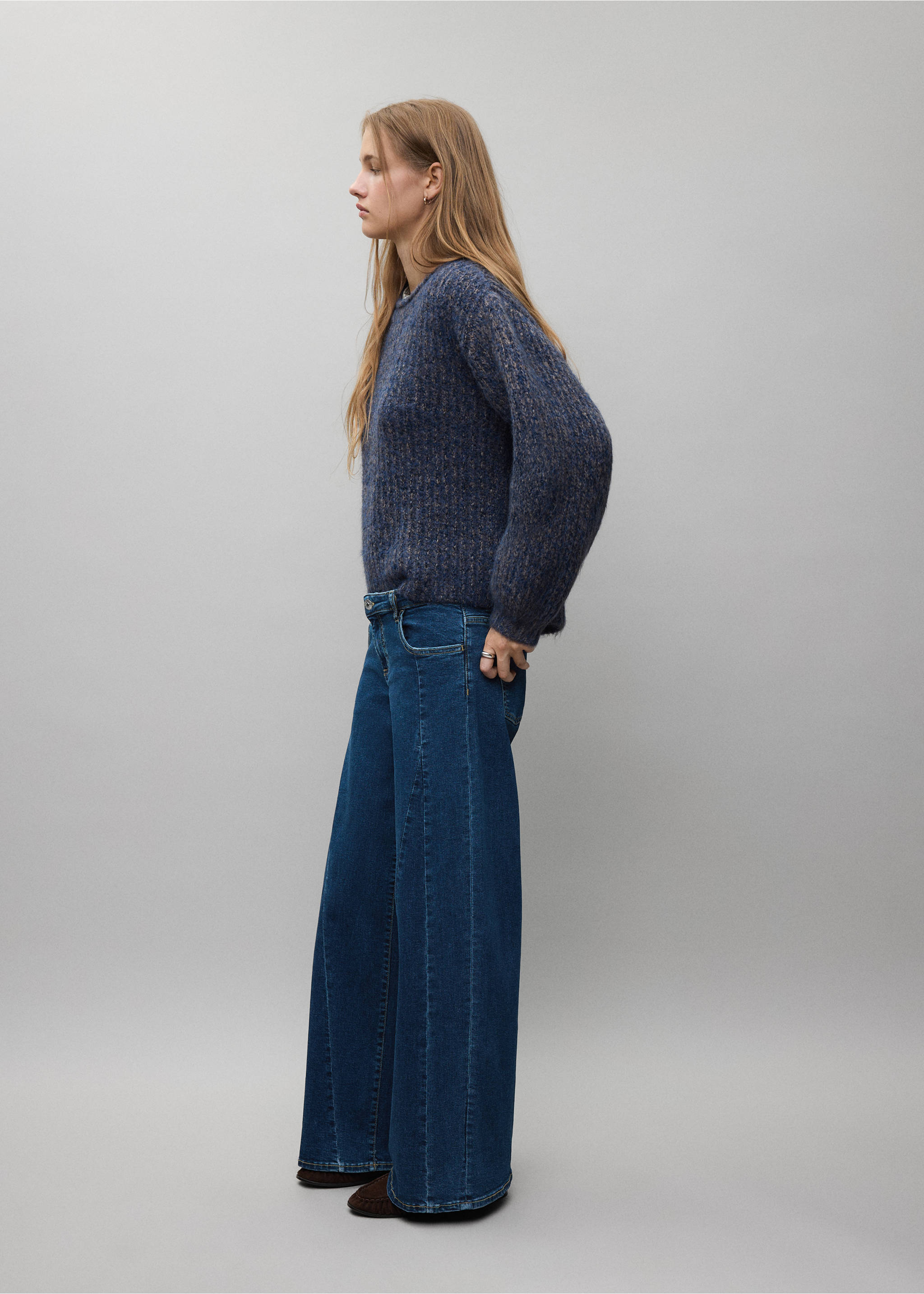 Wide-leg jeans with decorative stitching - Medium plane, Dark Blue. Ref: 37037130-00.