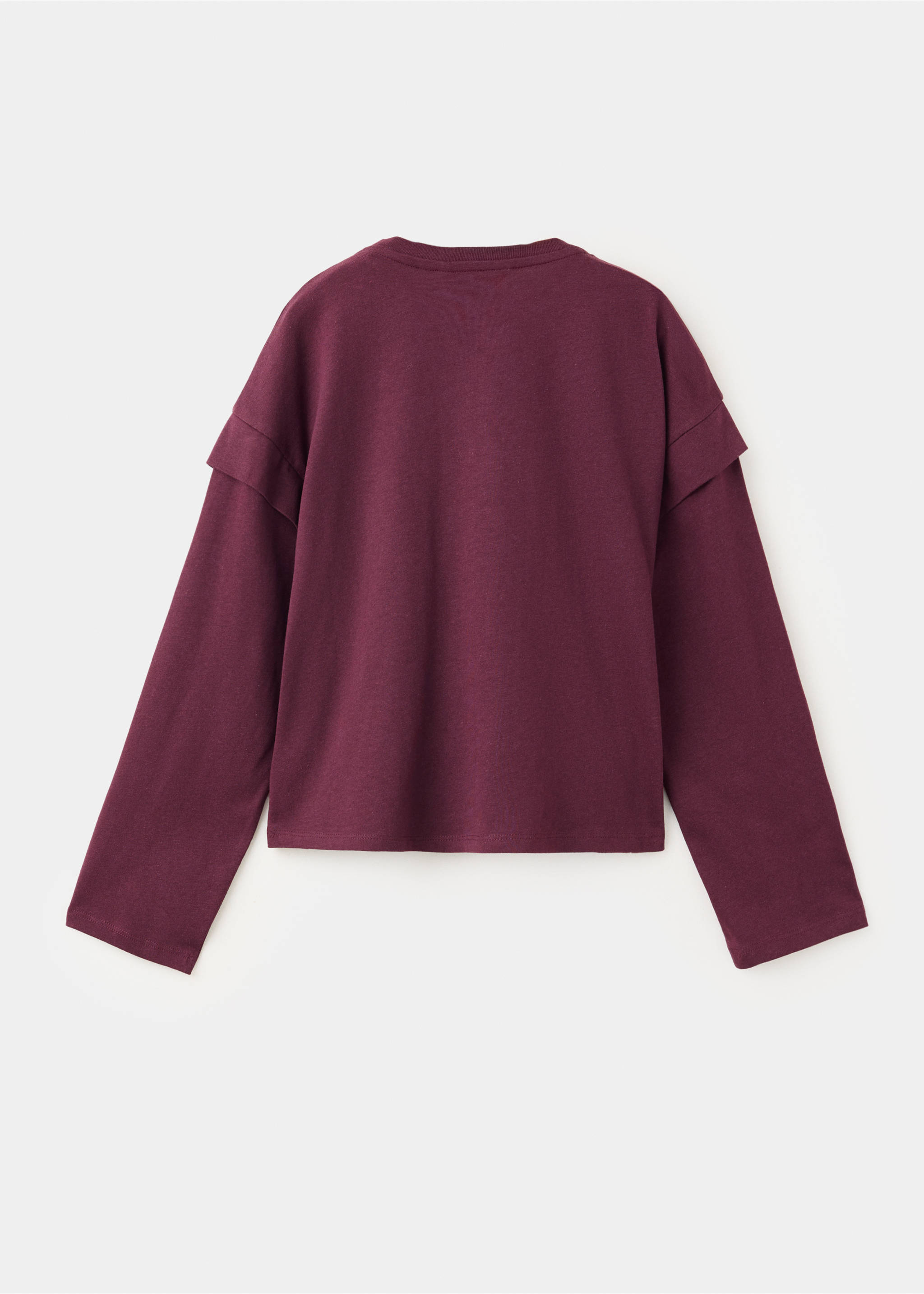 Burgundy kids' long-sleeved t-shirt with layered shoulder ruffles, back view., Burgundy. Ref: 37037136-00.