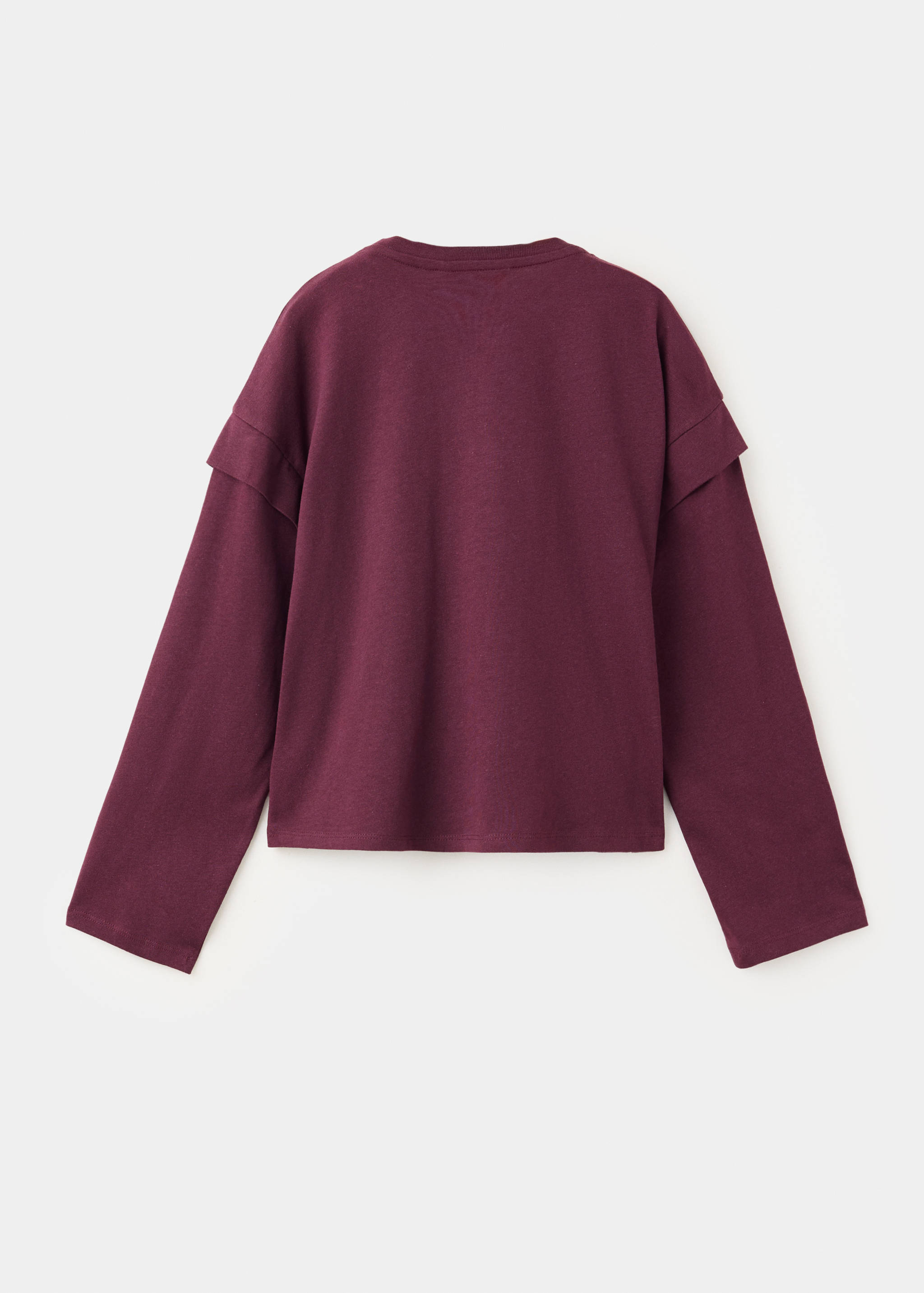 Burgundy kids' long-sleeved t-shirt with layered shoulder ruffles, back view.