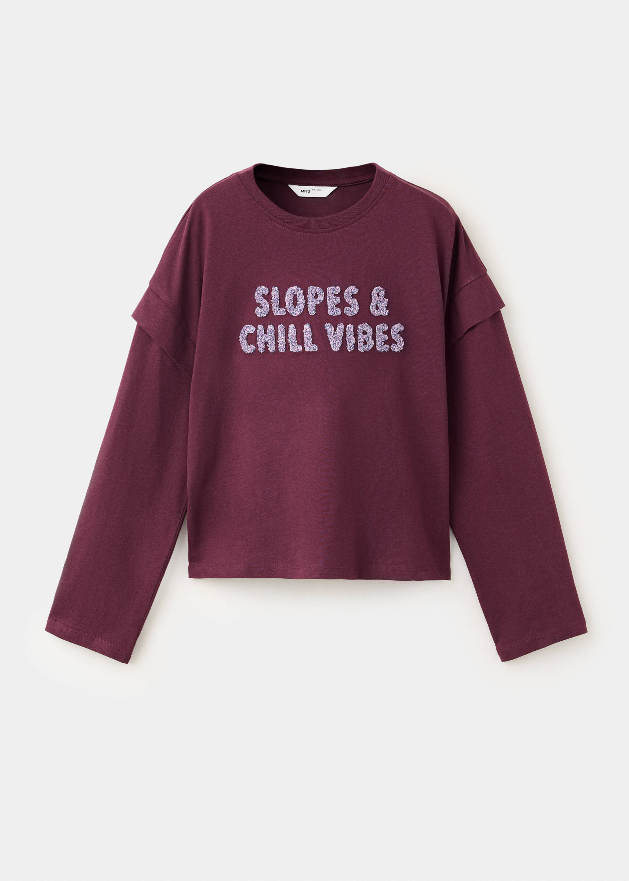 Burgundy long-sleeve t-shirt with layered shoulders and purple lettering., Burgundy. Ref: 37037136-00.