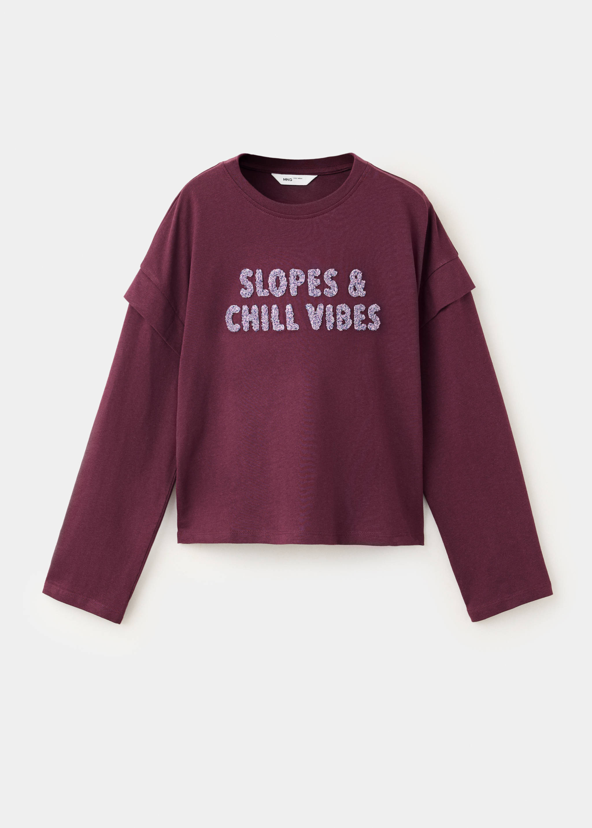 Burgundy long-sleeve t-shirt with layered shoulders and purple lettering.