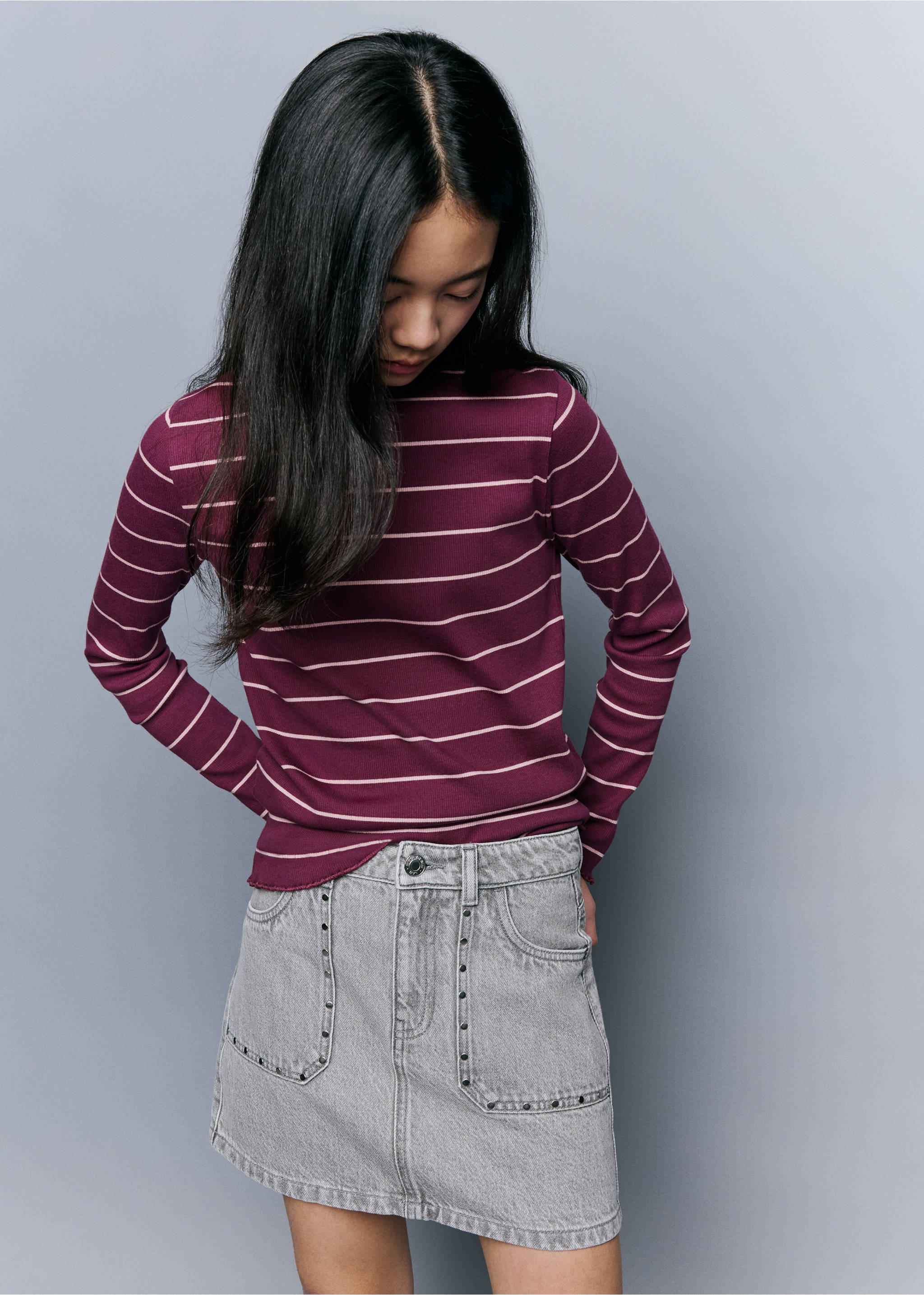 Plum and pink striped long-sleeve t-shirt worn with a grey denim skirt, Burgundy. Ref: 37037137-00.